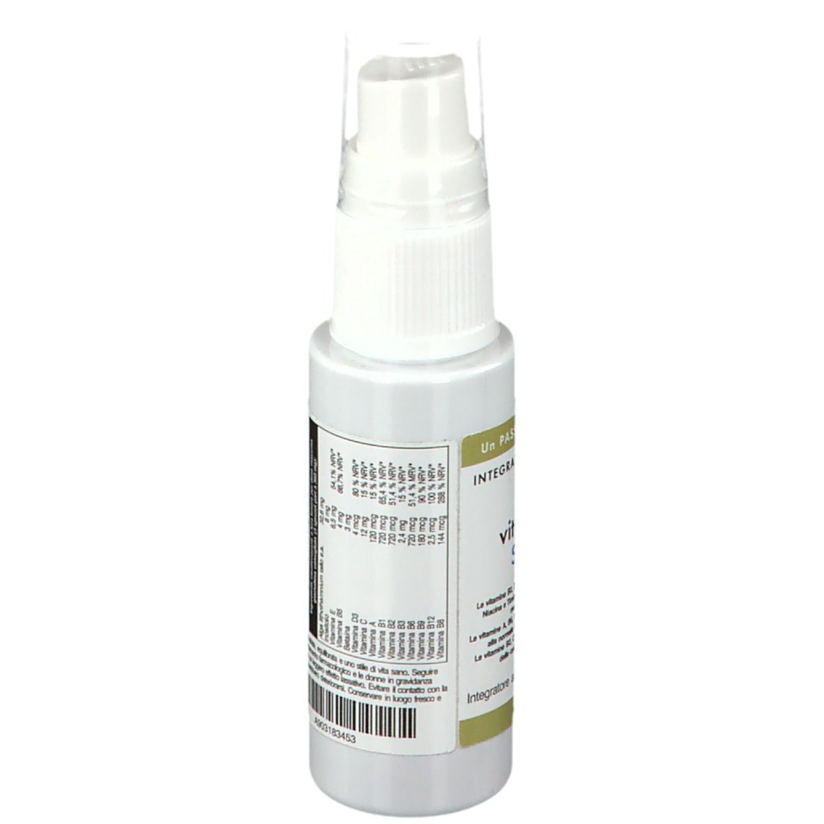 Weißes Sprayfläschchen mit Sprühkopf. Rückseite mit Produktinformationen und Barcode.