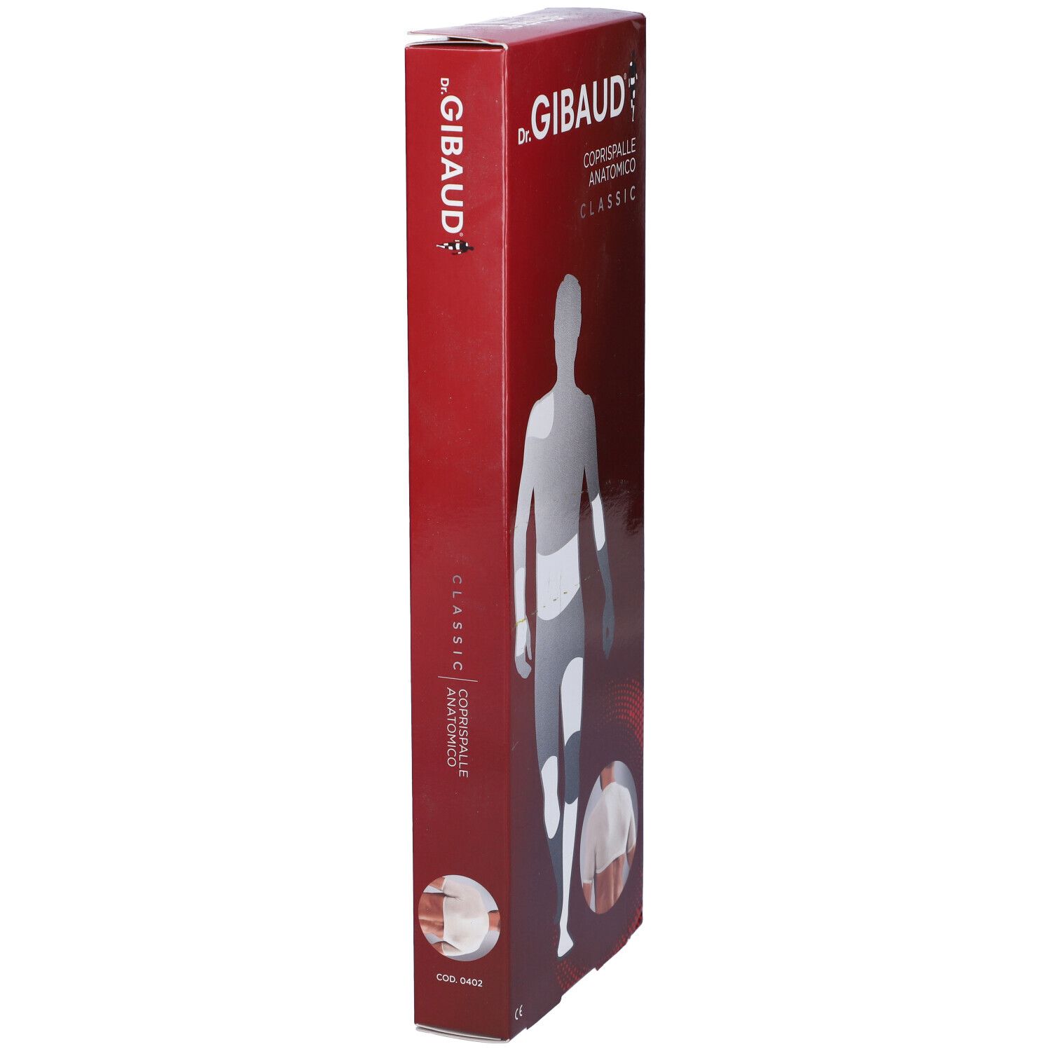 Confezione Dr. Gibaud Coprispalle Anatomico Classic. Scatola rossa, vista laterale con immagine.