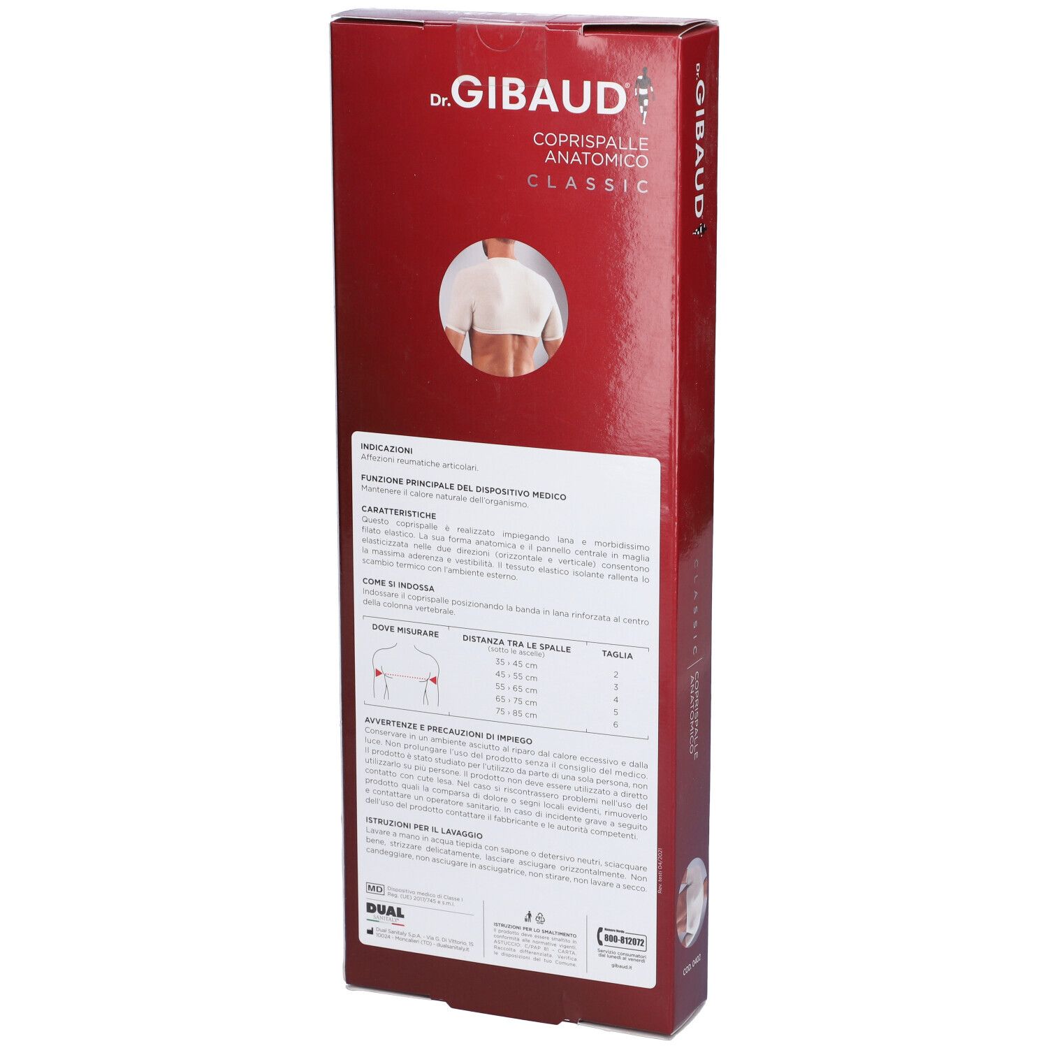 Retro della confezione Dr. Gibaud Coprispalle Anatomico Classic. Scatola rossa con informazioni.