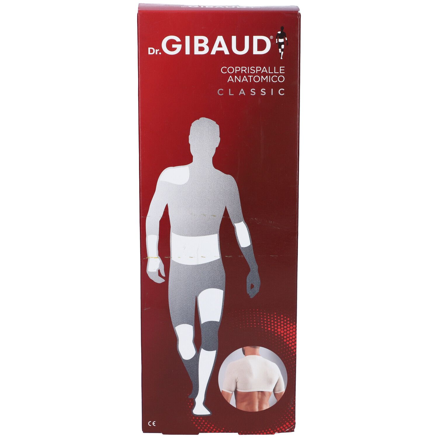 Confezione Dr. Gibaud Coprispalle Anatomico Classic. Scatola rossa con immagine e logo.