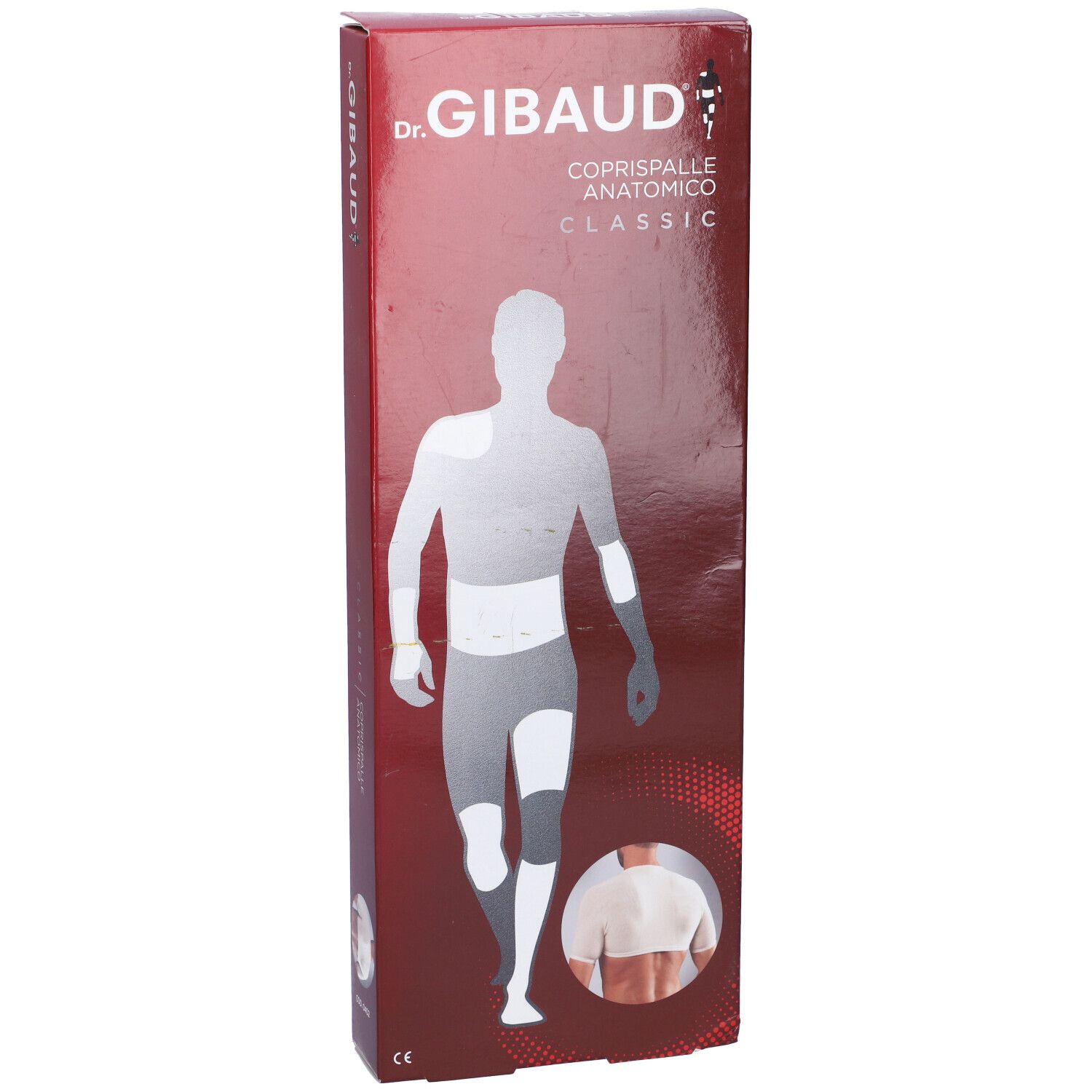 Confezione Dr. Gibaud Coprispalle Anatomico Classic. Scatola rossa con immagine e logo.