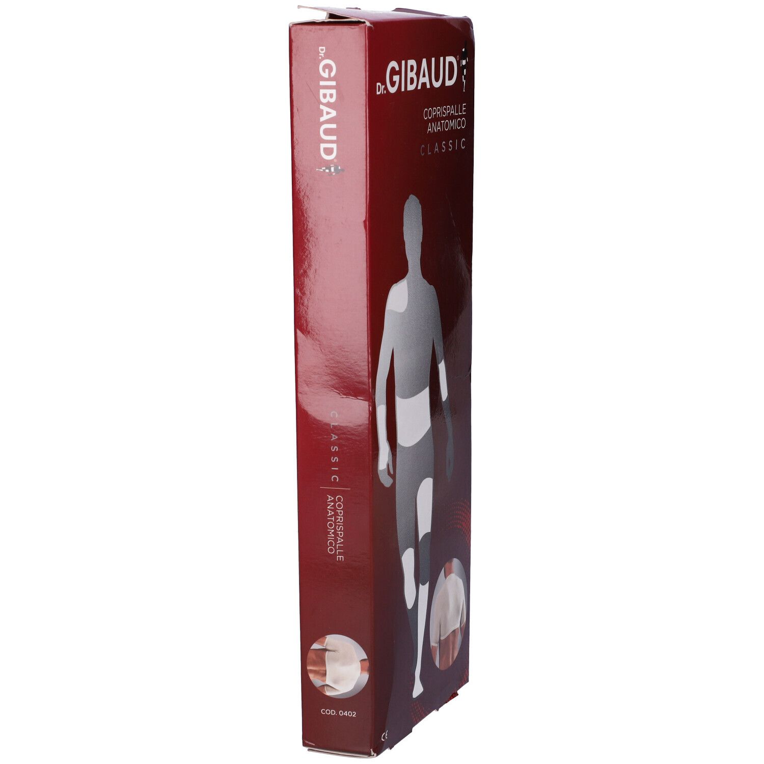 Confezione Dr. Gibaud Coprispalle Anatomico Classic. Scatola rossa, vista laterale con immagine del prodotto.