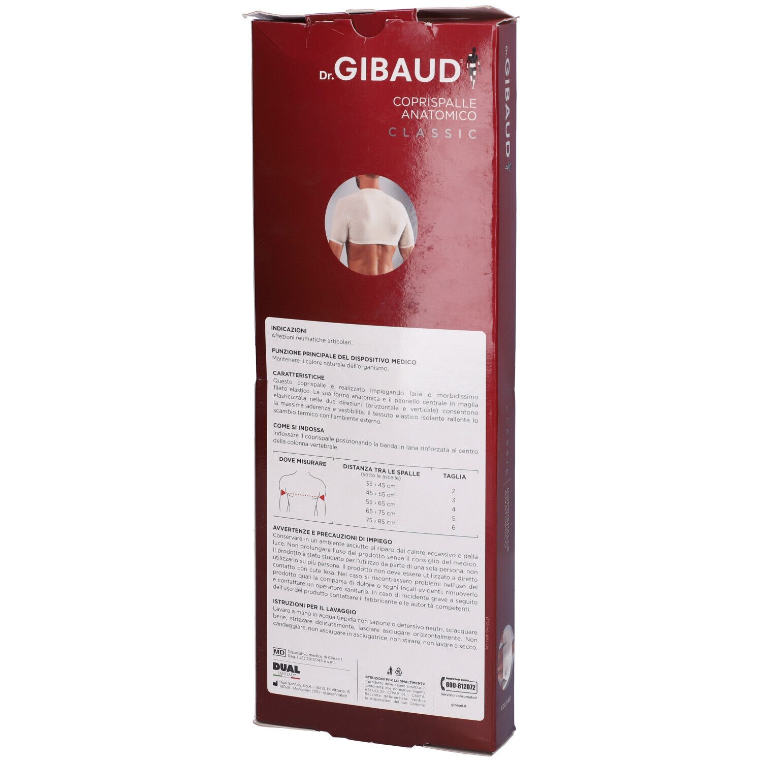 Confezione Dr. Gibaud Coprispalle Anatomico Classic. Scatola rossa, retro con informazioni e tabella taglie.