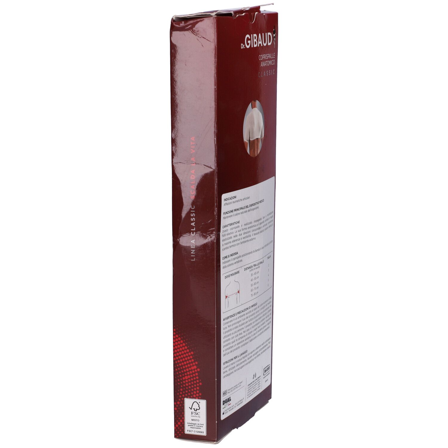 Confezione Dr. Gibaud Coprispalle Anatomico Classic. Scatola rossa, vista laterale con informazioni.