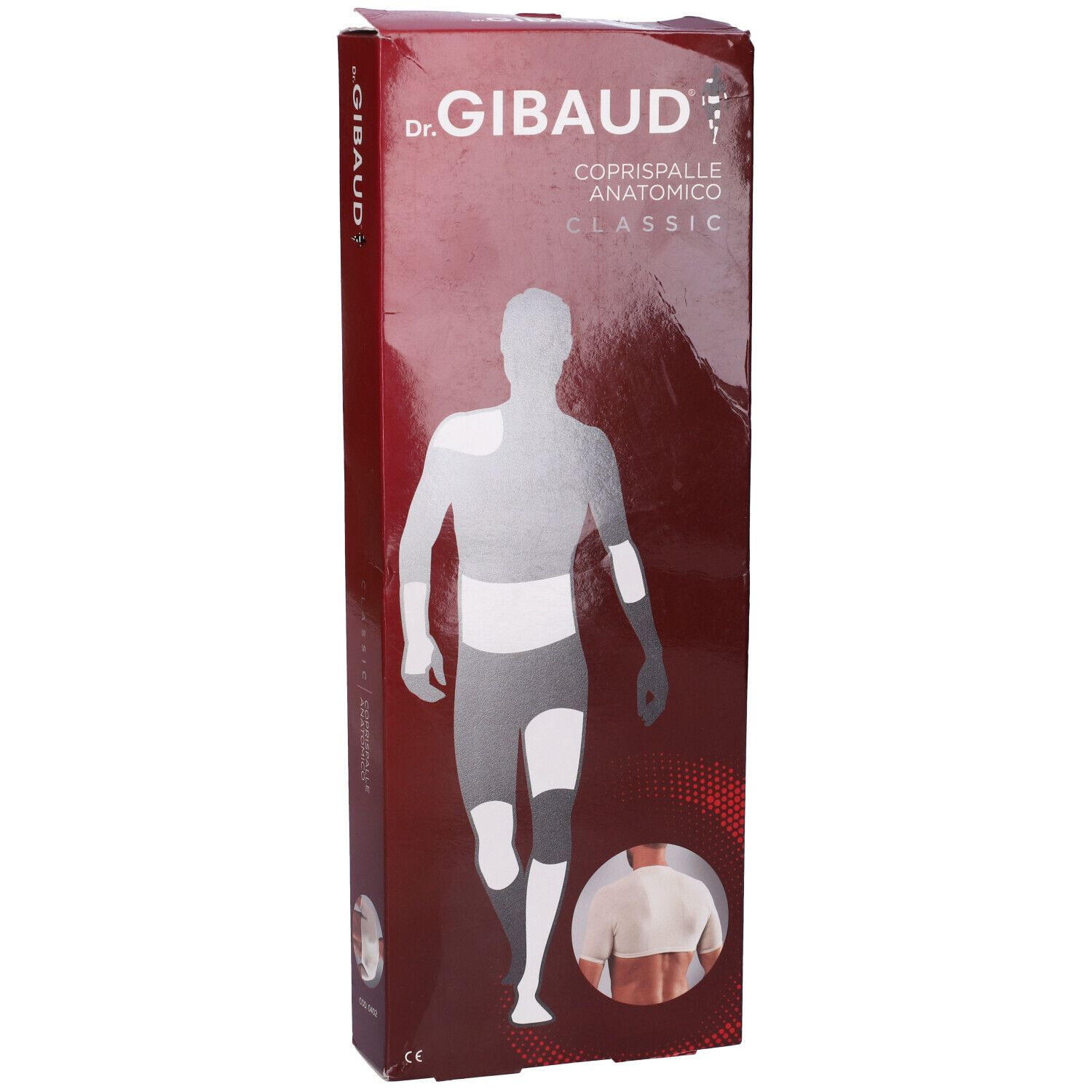 Confezione Dr. Gibaud Coprispalle Anatomico Classic. Scatola rossa con immagine del prodotto e sagoma.