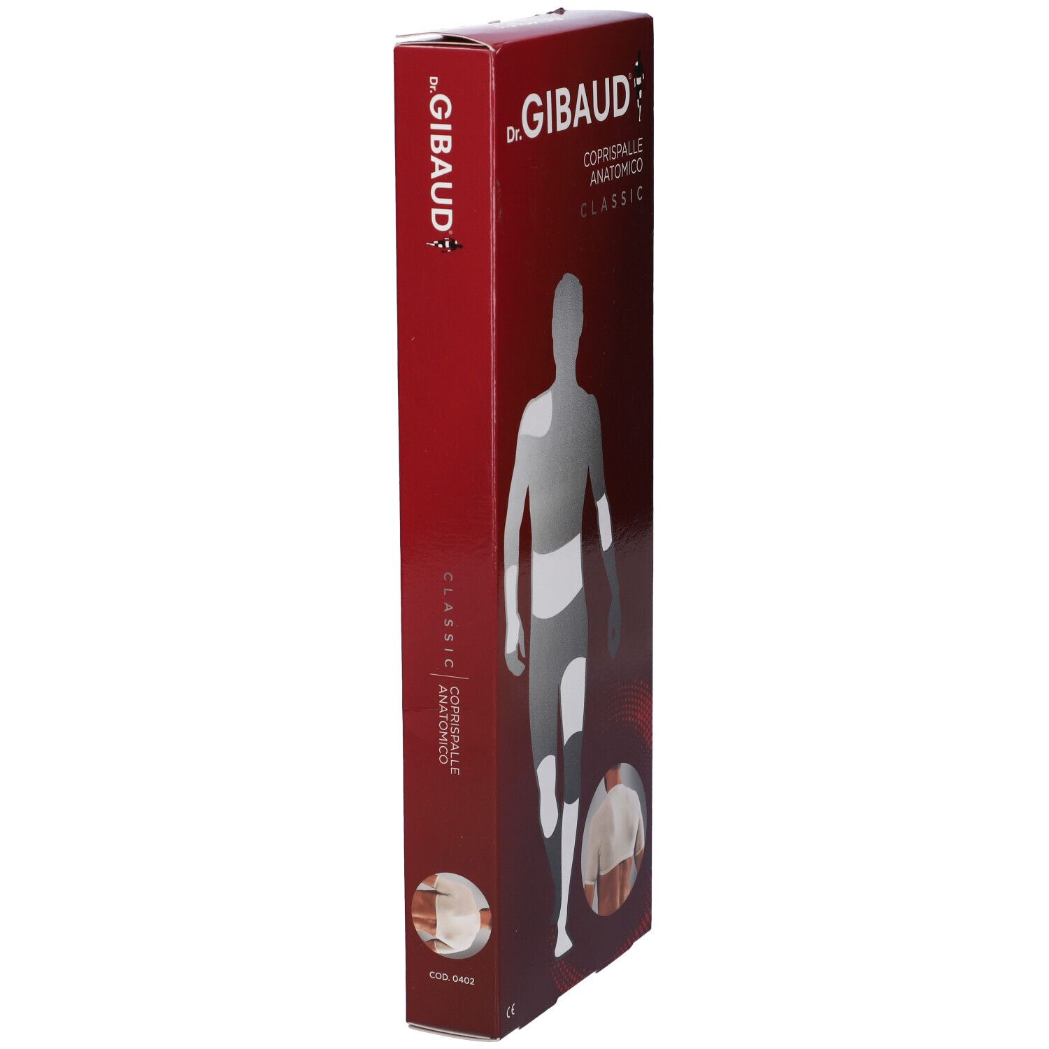 Confezione stretta e rossa di Coprispalle Anatomico Classic Dr. Gibaud. Vista laterale con immagine del prodotto.