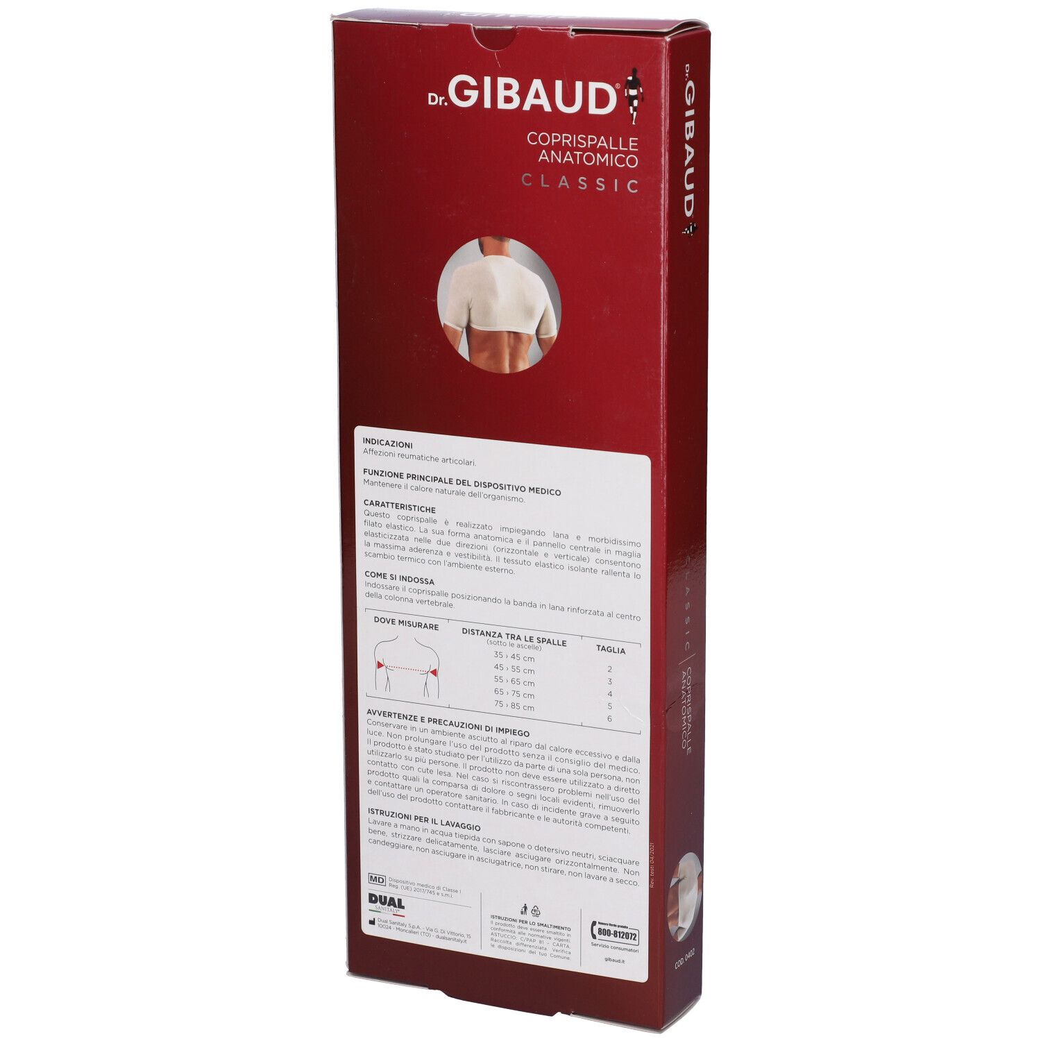 Retro della confezione di Coprispalle Anatomico Classic Dr. Gibaud. Testo e immagine del prodotto.