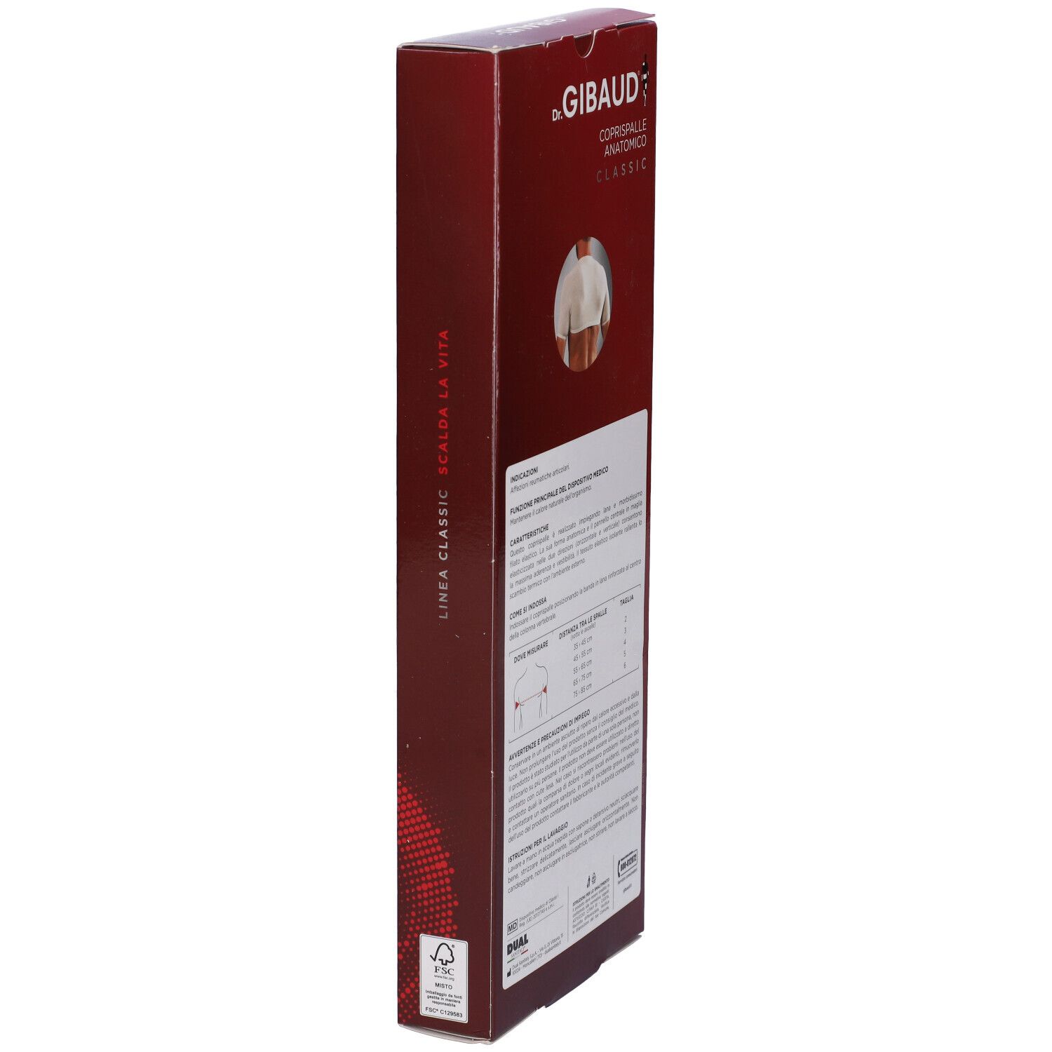 Retro della confezione di Coprispalle Anatomico Classic Dr. Gibaud. Testo e immagine del prodotto.