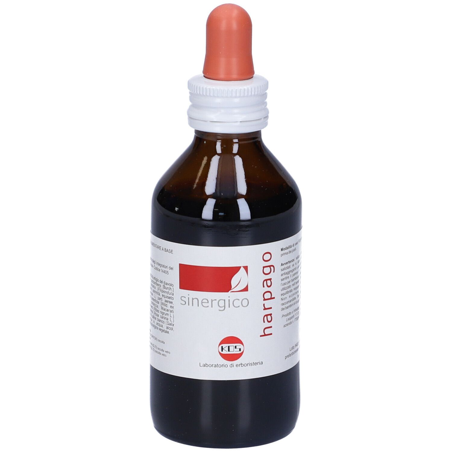 Flacone di vetro marrone con contagocce. Scritta: sinergico harpago. Logo: KOS Laboratorio di erboristeria.