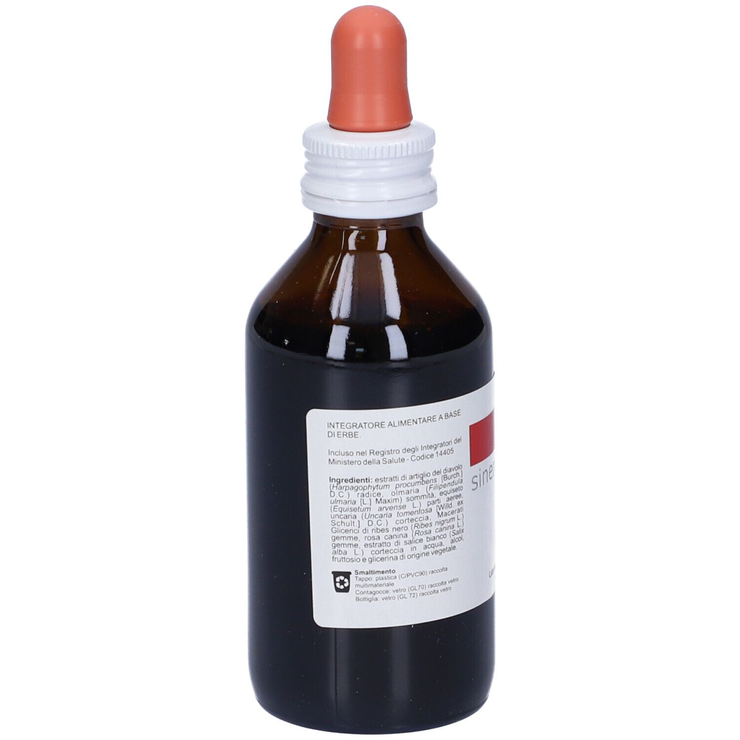 Flacone di vetro marrone con contagocce. Scritta: sinergico harpago. Etichetta con ingredienti e logo: KOS.