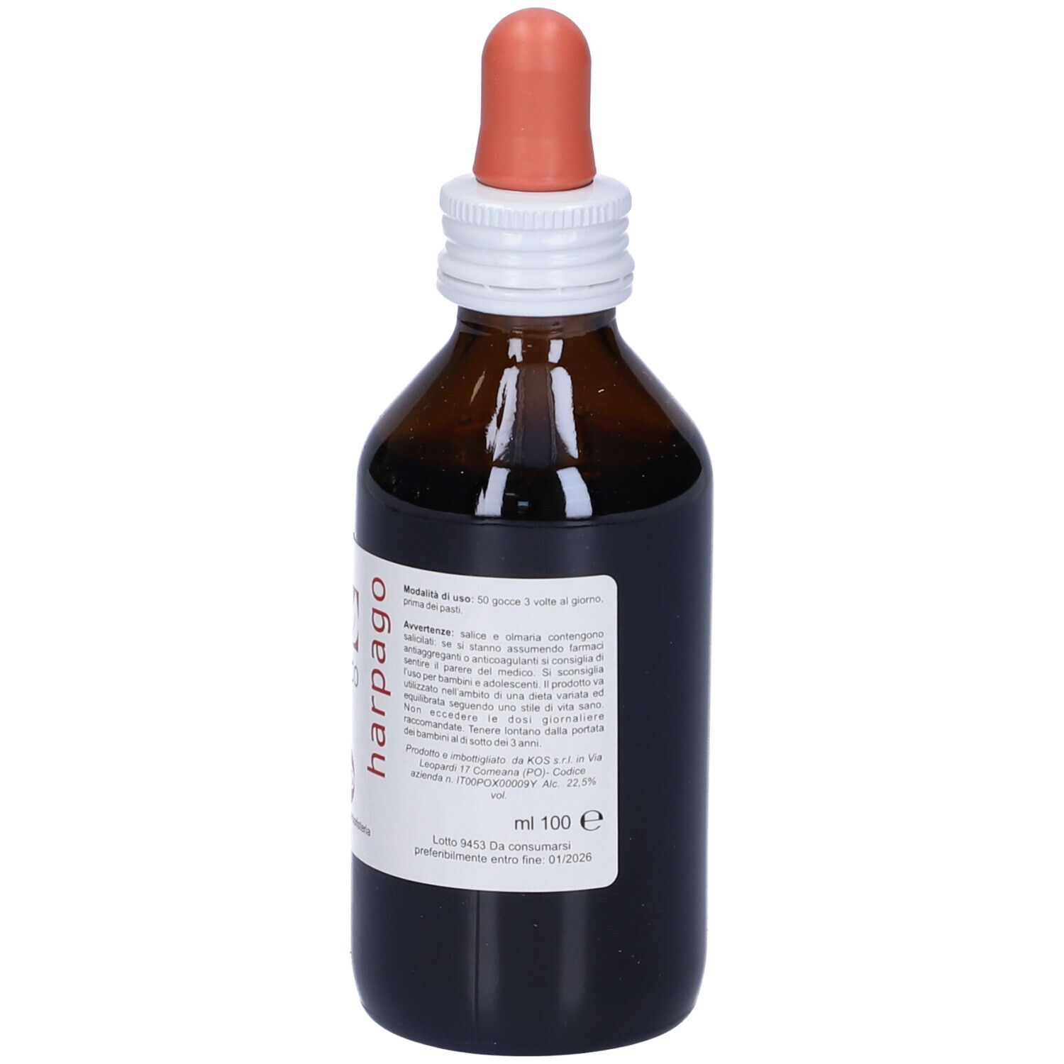 Flacone di vetro marrone con contagocce. Scritta: sinergico harpago. Etichetta con dosaggio e logo: KOS.