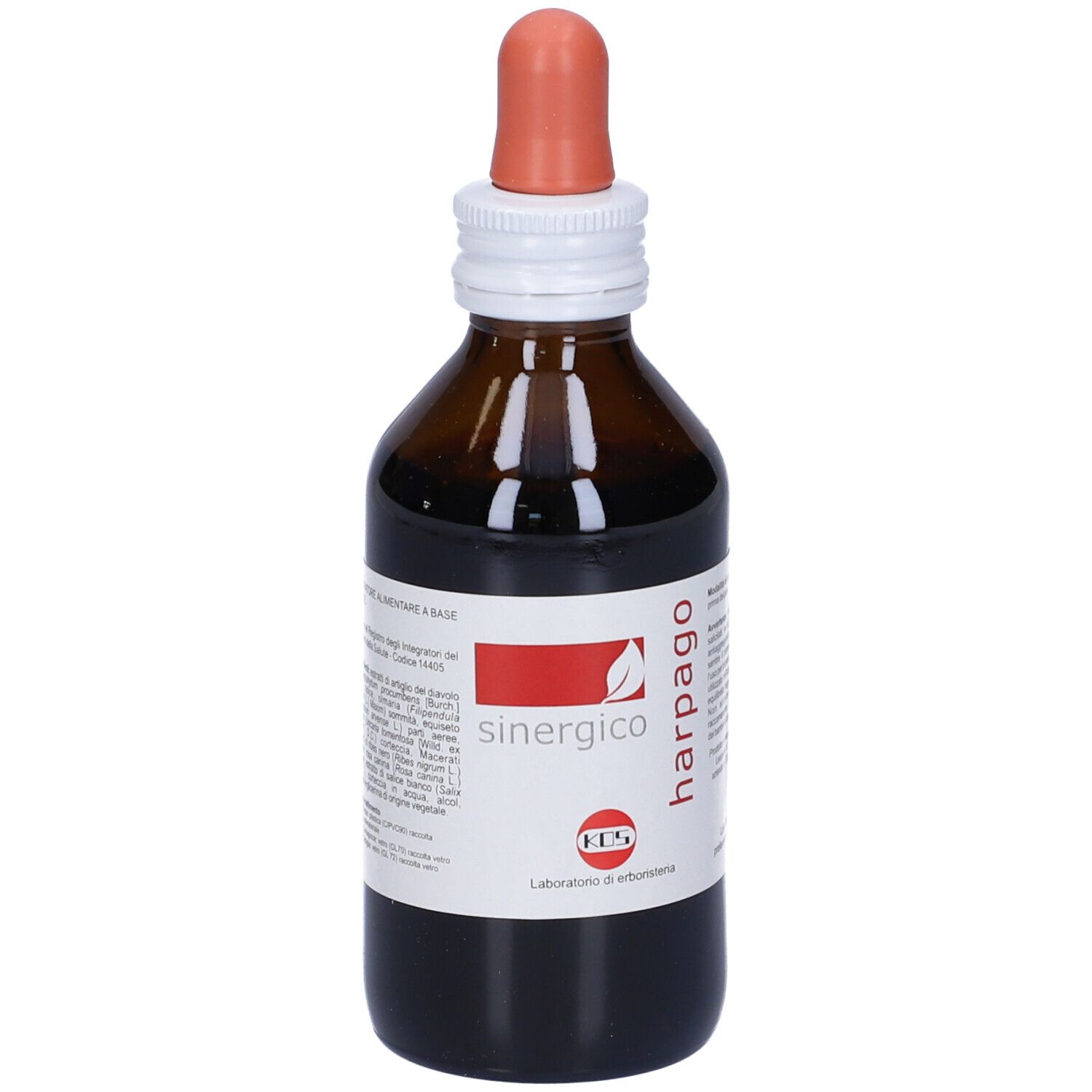 Flacone di vetro marrone con contagocce. Scritta: sinergico harpago. Logo: KOS Laboratorio di erboristeria.