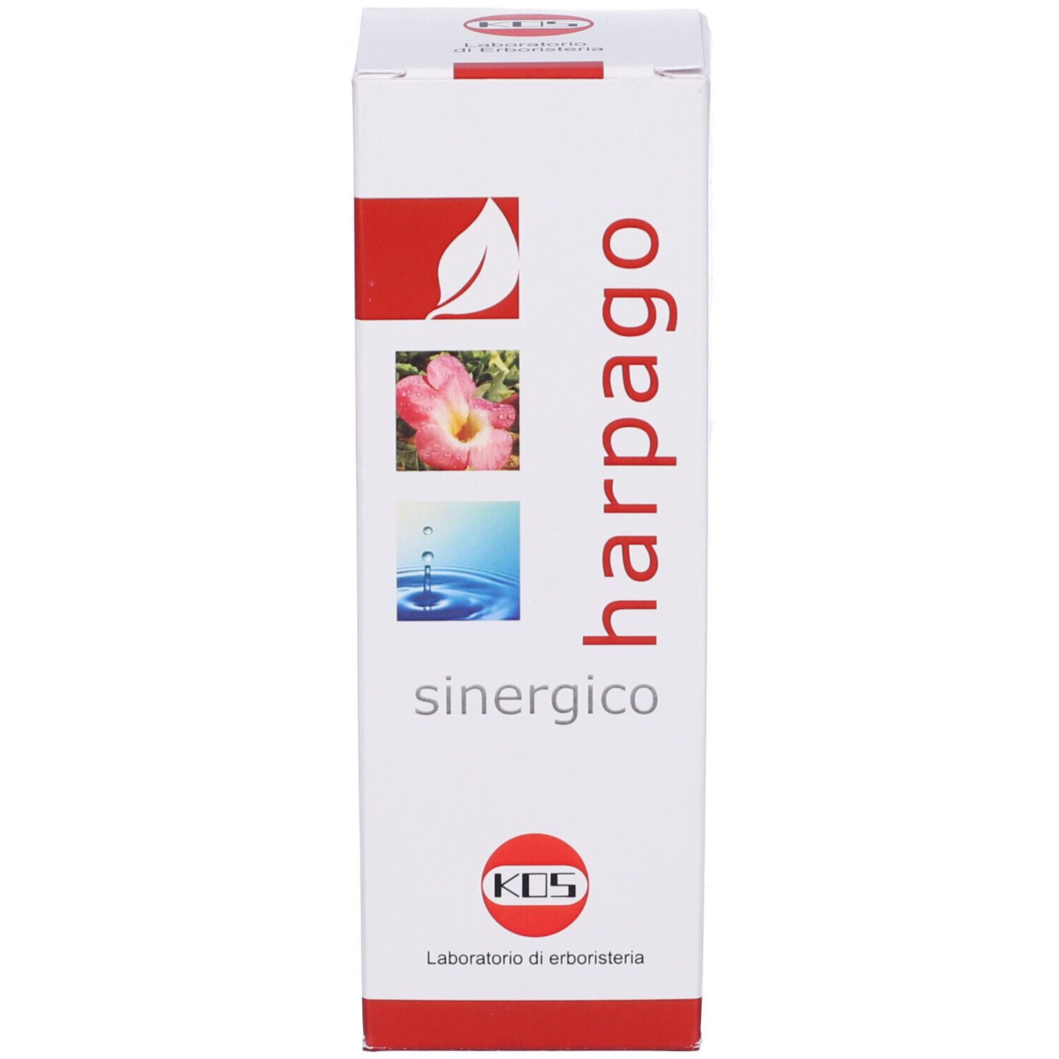 Scatola bianca con grafica rossa e verde. Scritta: harpago sinergico. Logo: KOS Laboratorio di erboristeria.