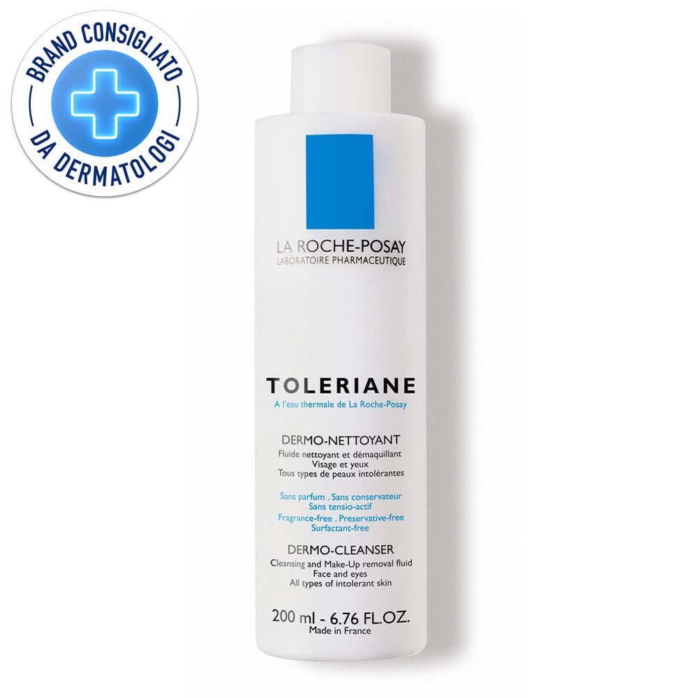 La Roche-Posay TOLERIANE Reinigungsfluid. Weiße Flasche mit blauem Quadrat. Dermatologisch getestet.