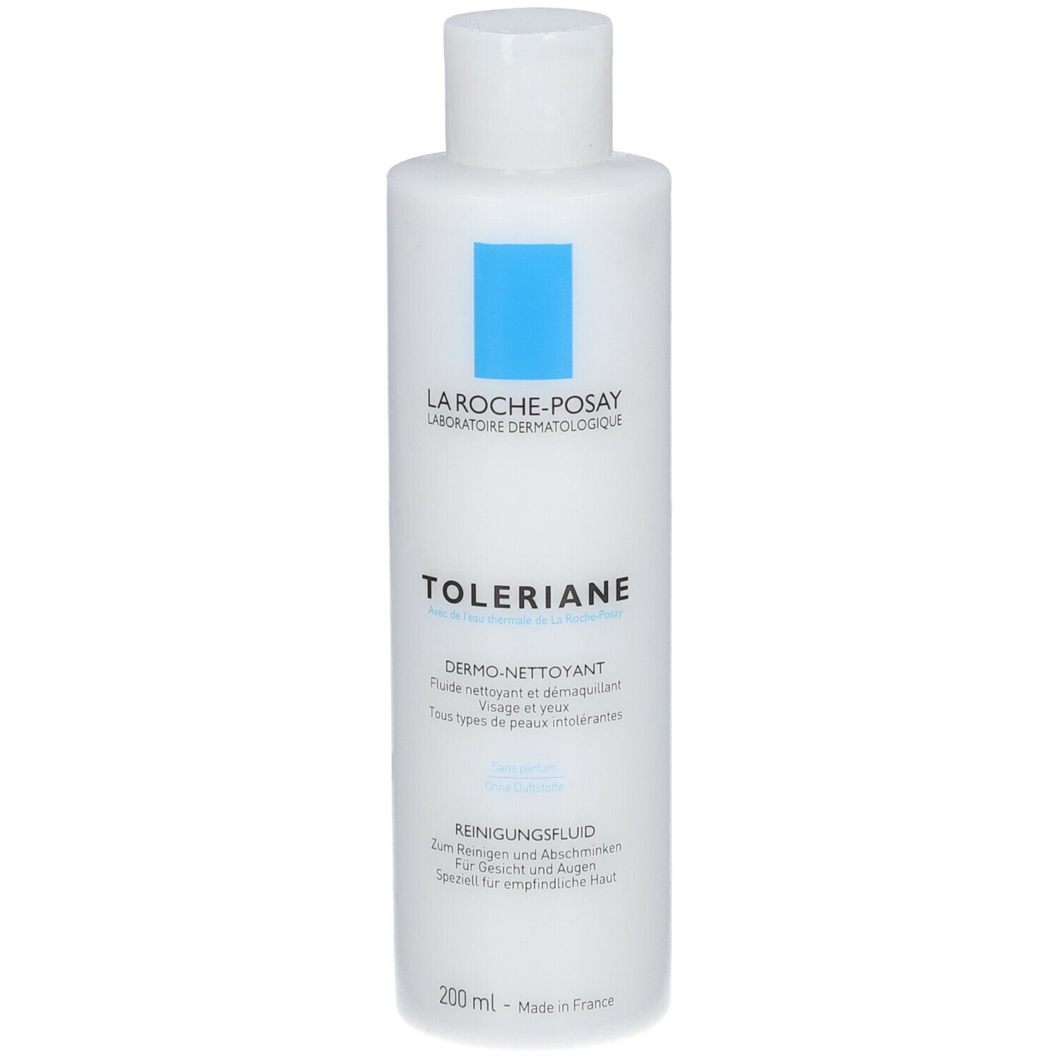 La Roche-Posay TOLERIANE Reinigungsfluid. Weiße Flasche mit blauem Quadrat. 200 ml.