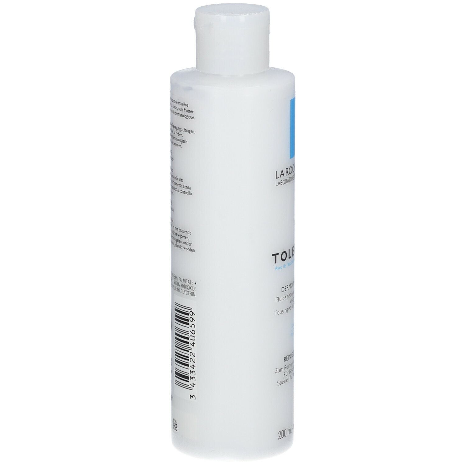 Rückseite der La Roche-Posay TOLERIANE Flasche. Text, Inhaltsstoffe, 200 ml.