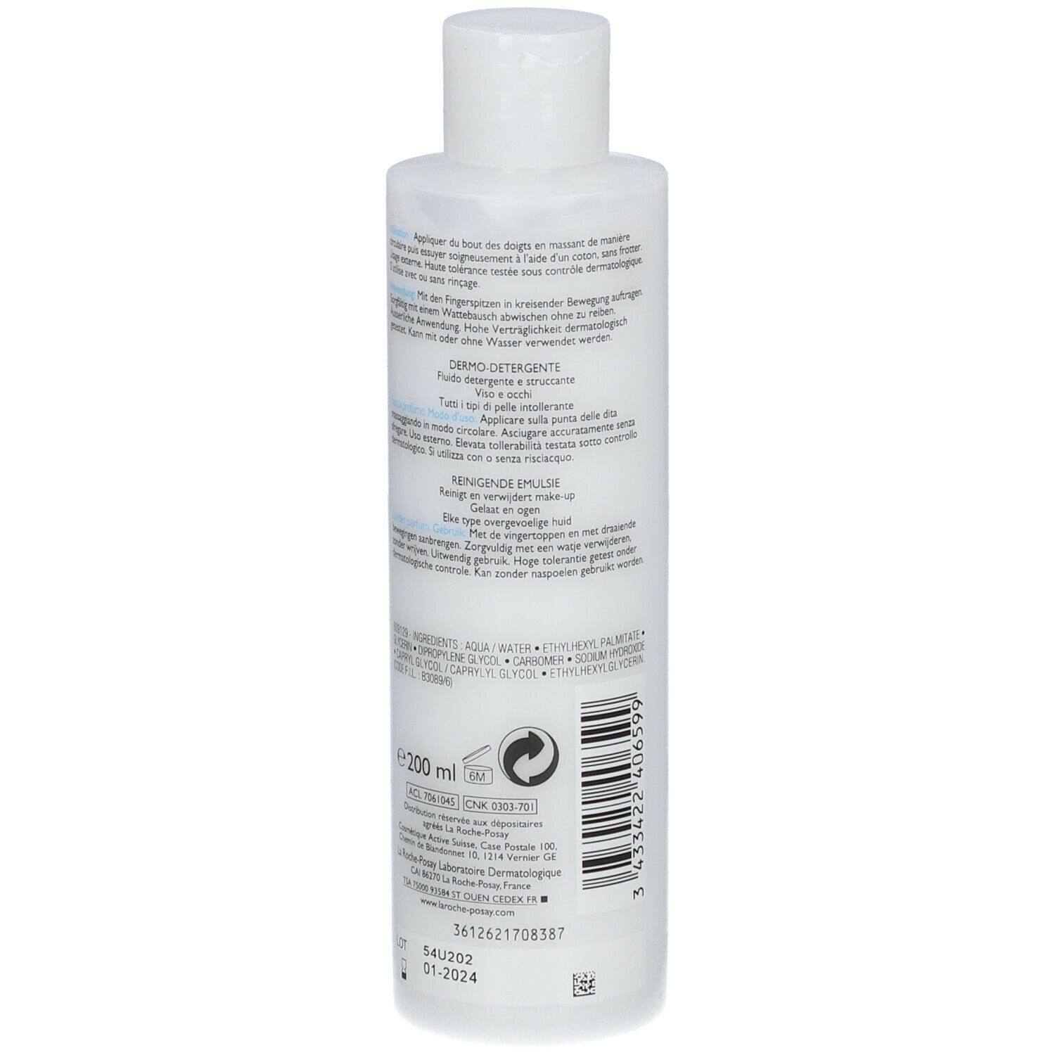 Rückseite der La Roche-Posay TOLERIANE Flasche. Text, Inhaltsstoffe, 200 ml.