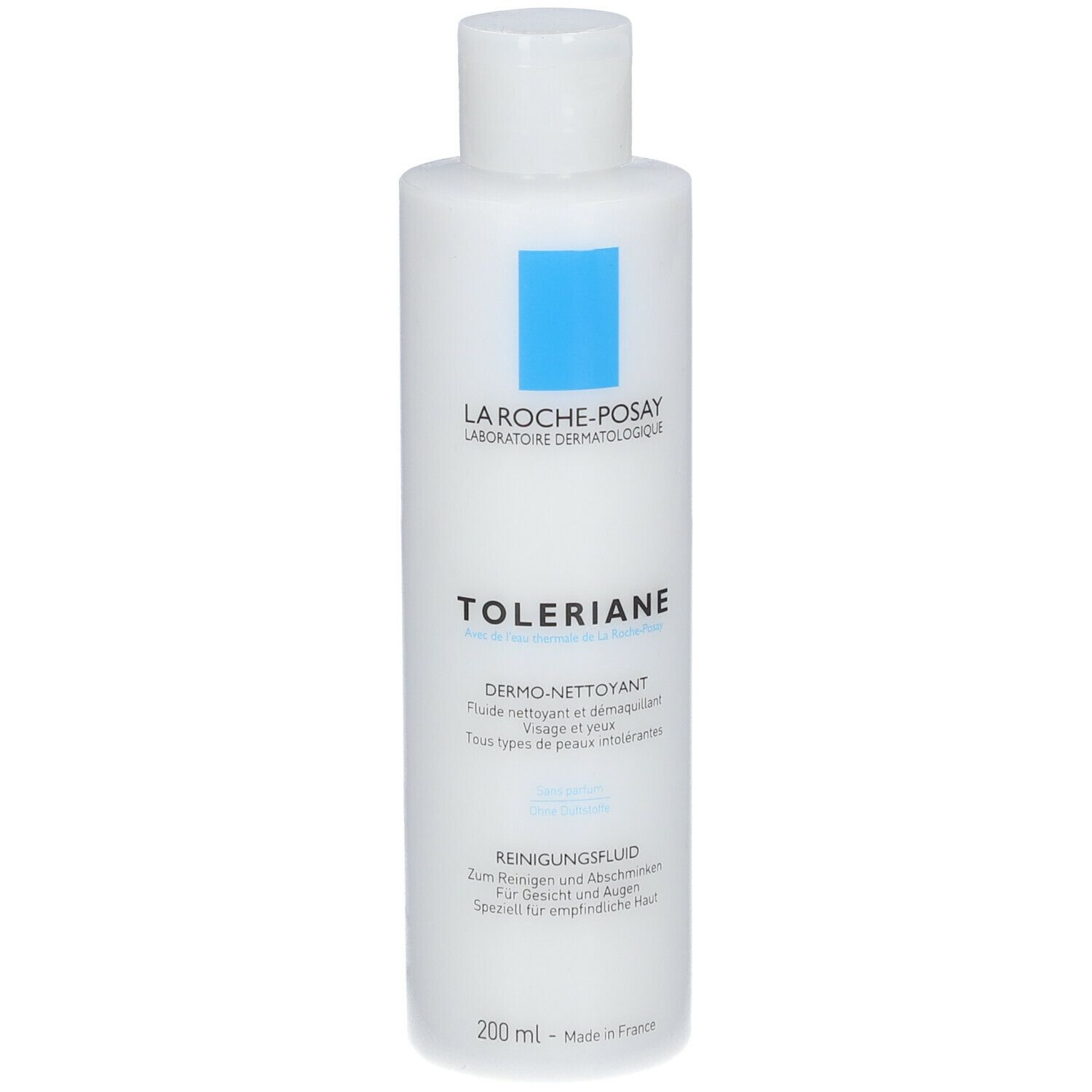 La Roche-Posay TOLERIANE Reinigungsfluid. Weiße Flasche mit blauem Quadrat. 200 ml.
