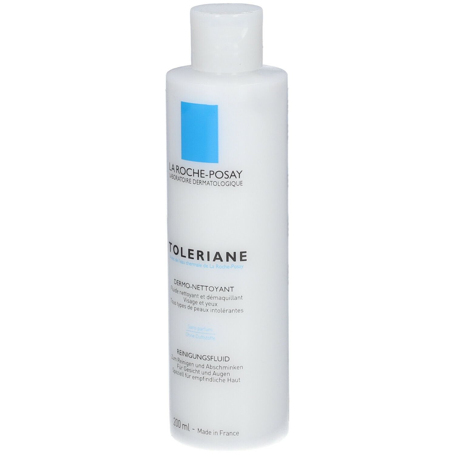 La Roche-Posay TOLERIANE Reinigungsfluid. Weiße Flasche mit blauem Quadrat. 200 ml.