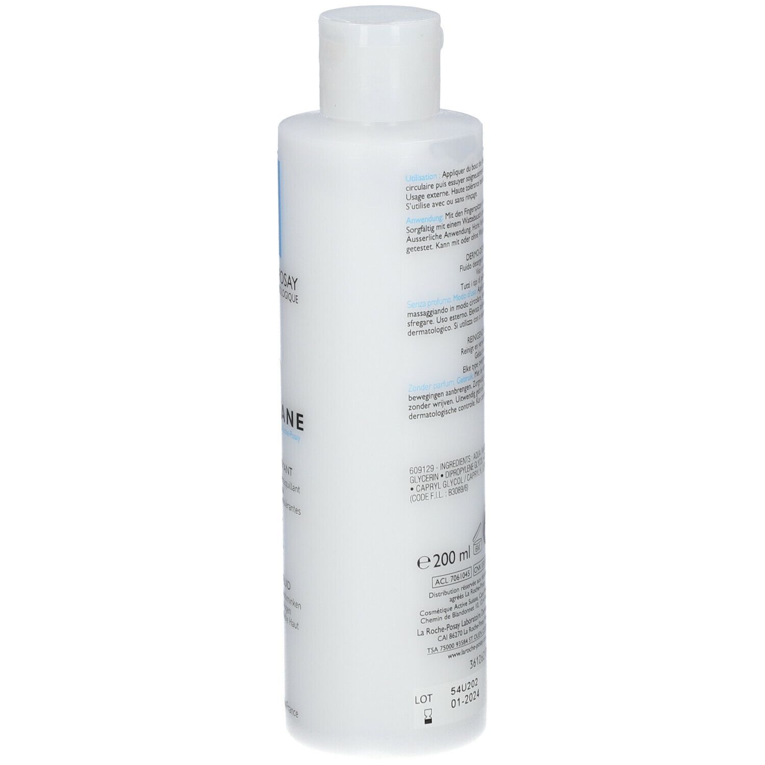 Rückseite der La Roche-Posay TOLERIANE Flasche. Text, Inhaltsstoffe, 200 ml.