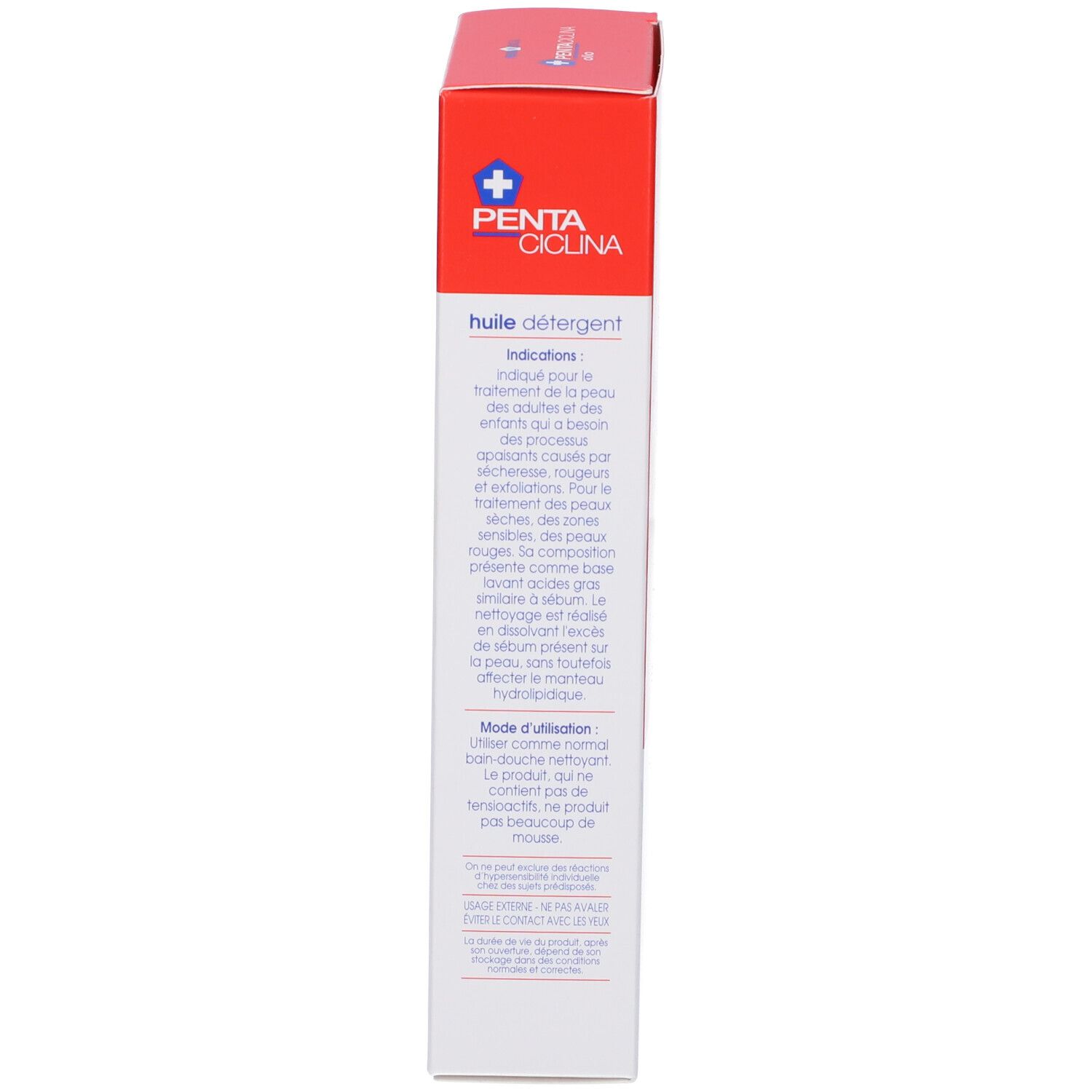 Scatola rossa, vista laterale. Scritta: PENTACICLINA. Testo in italiano, inglese e francese. Contiene informazioni sull'uso.