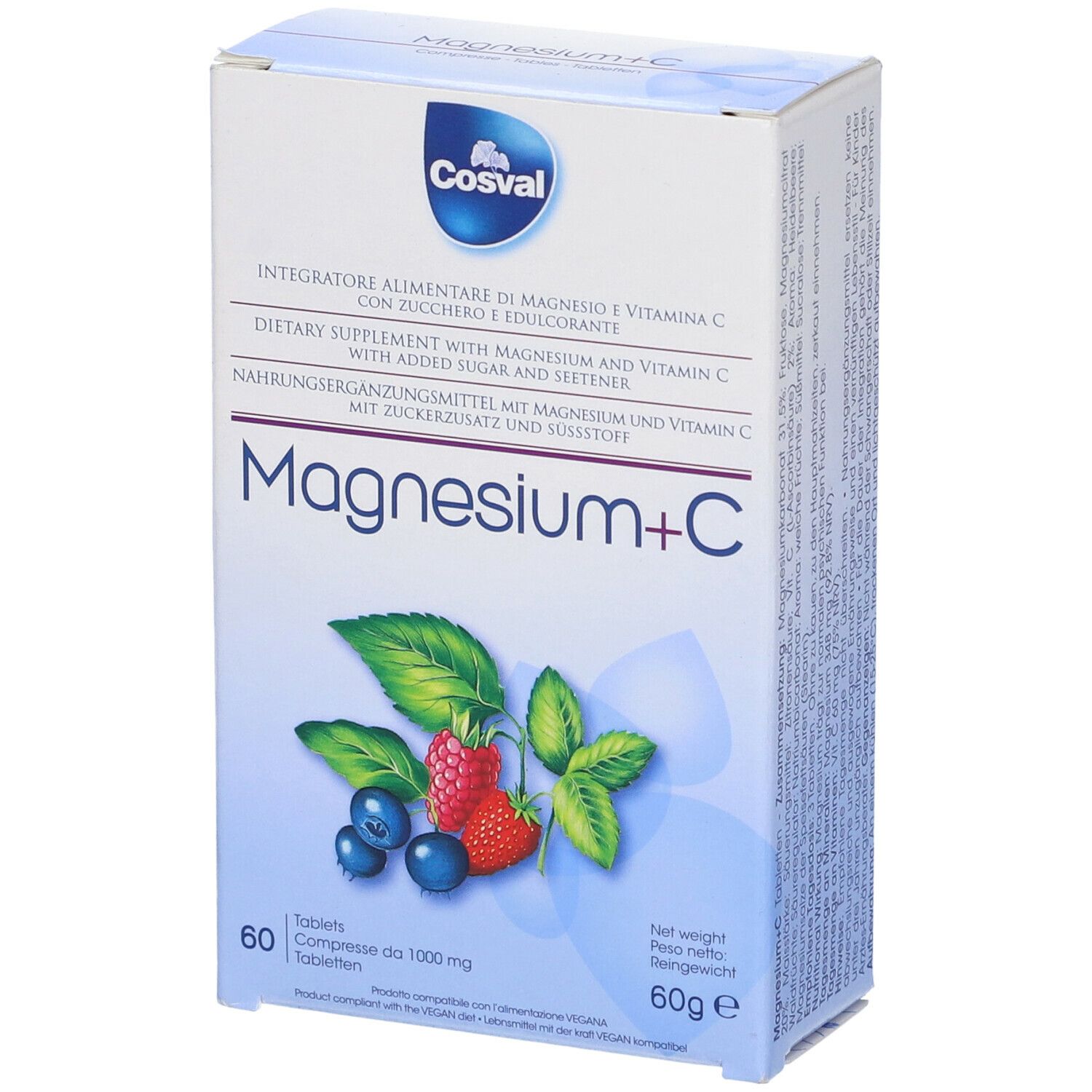 Scatola di compresse Magnesium + C. Marchio Cosval. Illustrazione di frutta. 60 compresse.