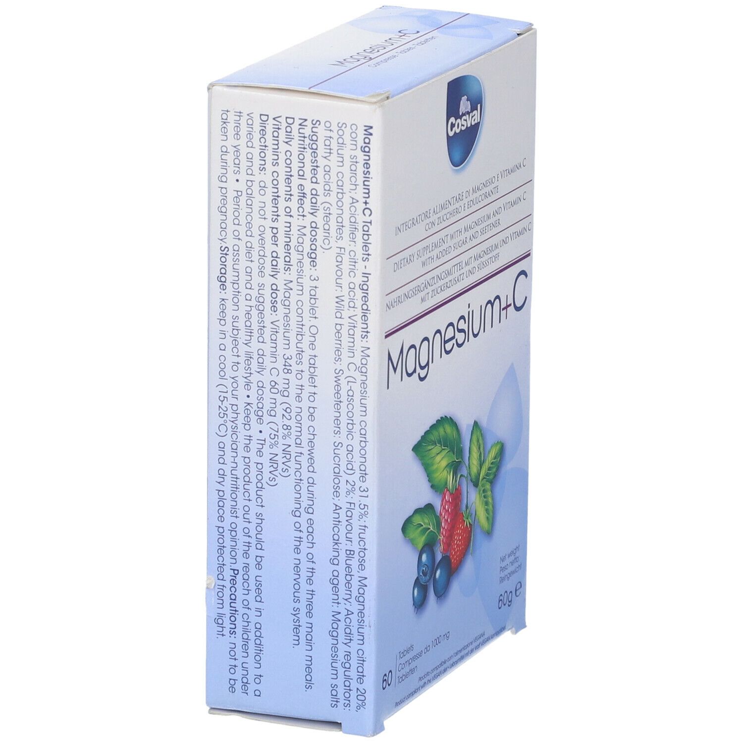 Scatola di compresse Magnesium + C. Marchio Cosval. Retro con informazioni. 60 compresse.