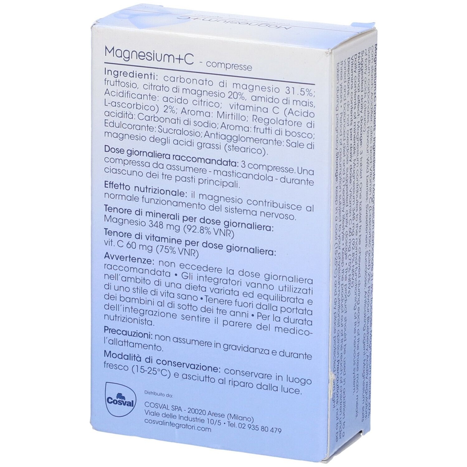 Scatola di compresse Magnesium + C. Marchio Cosval. Retro con informazioni. 60 compresse.