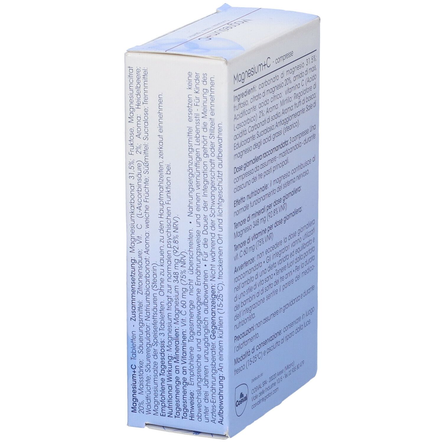 Scatola di compresse Magnesium + C. Marchio Cosval. Retro con informazioni. 60 compresse.