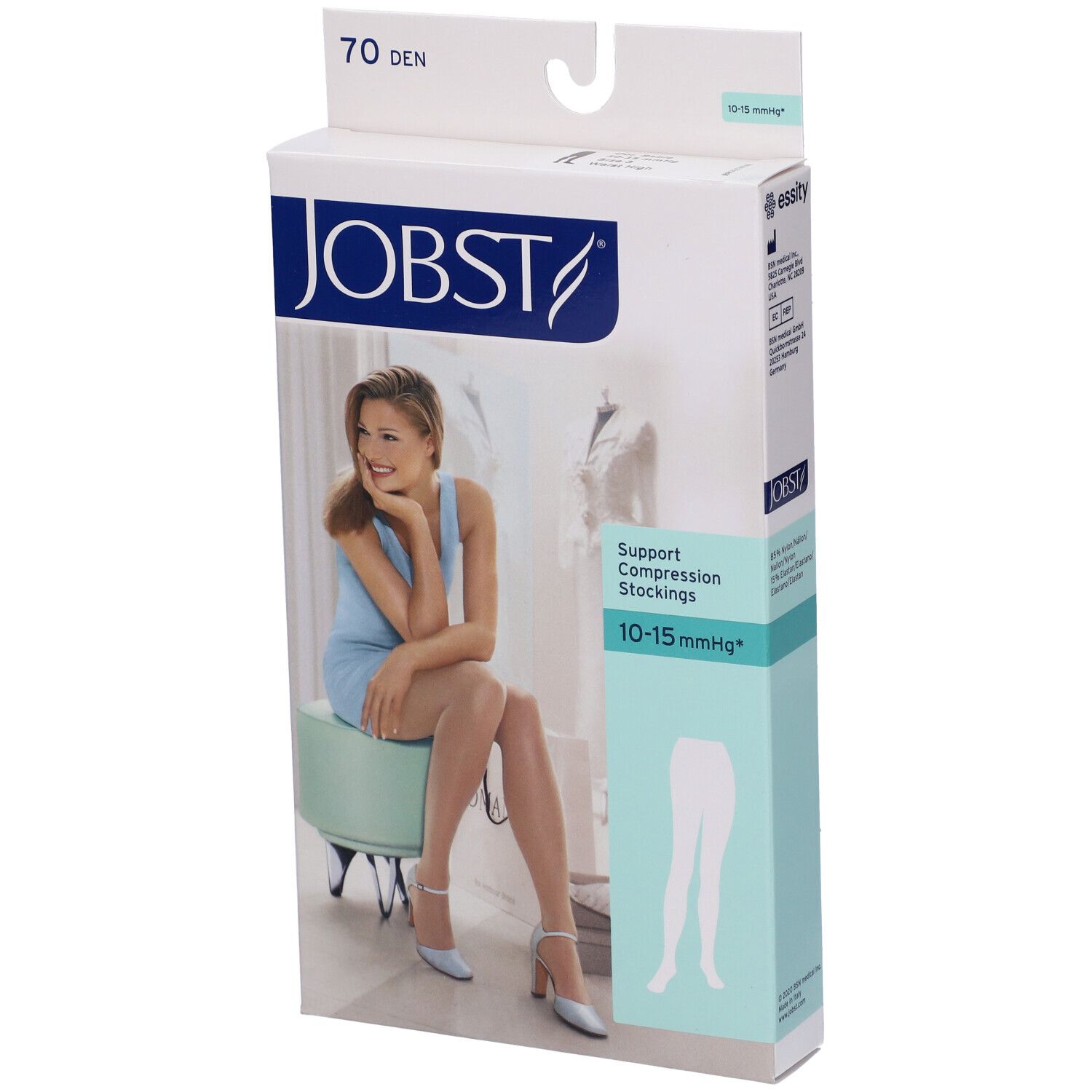 Jobst Collant Velato 70Den Sable Misura 3. Confezione con collant, donna seduta. Testo: Jobst, 70 Den, 10-15 mmHg.