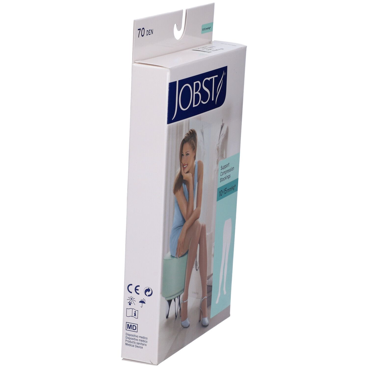 Jobst Collant Velato 70Den Sable Misura 3. Confezione, vista laterale. Testo: Jobst, 70 Den, marchio CE, MD.