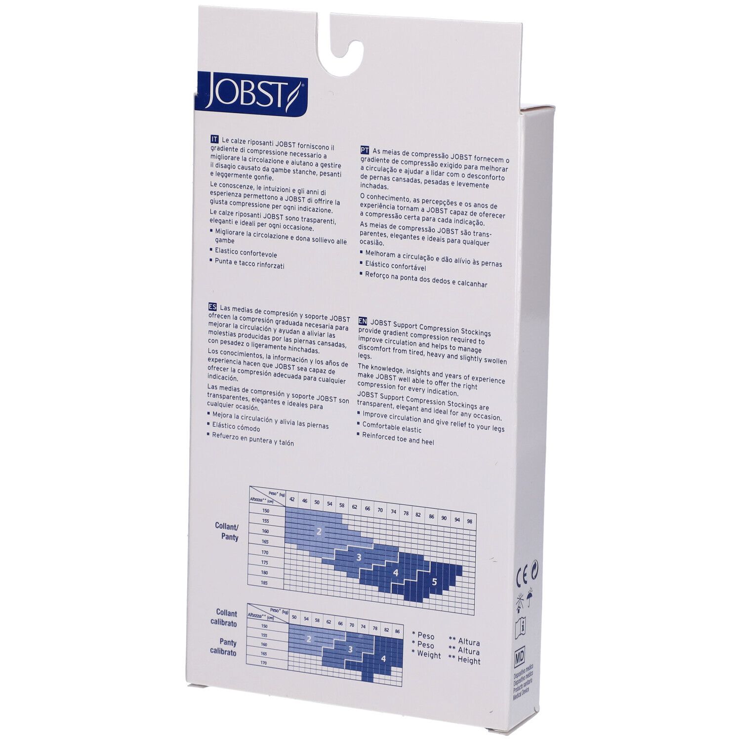 Jobst Collant Velato 70Den Sable Misura 3. Retro della confezione. Testo: Jobst, informazioni, tabella taglie, marchio CE.
