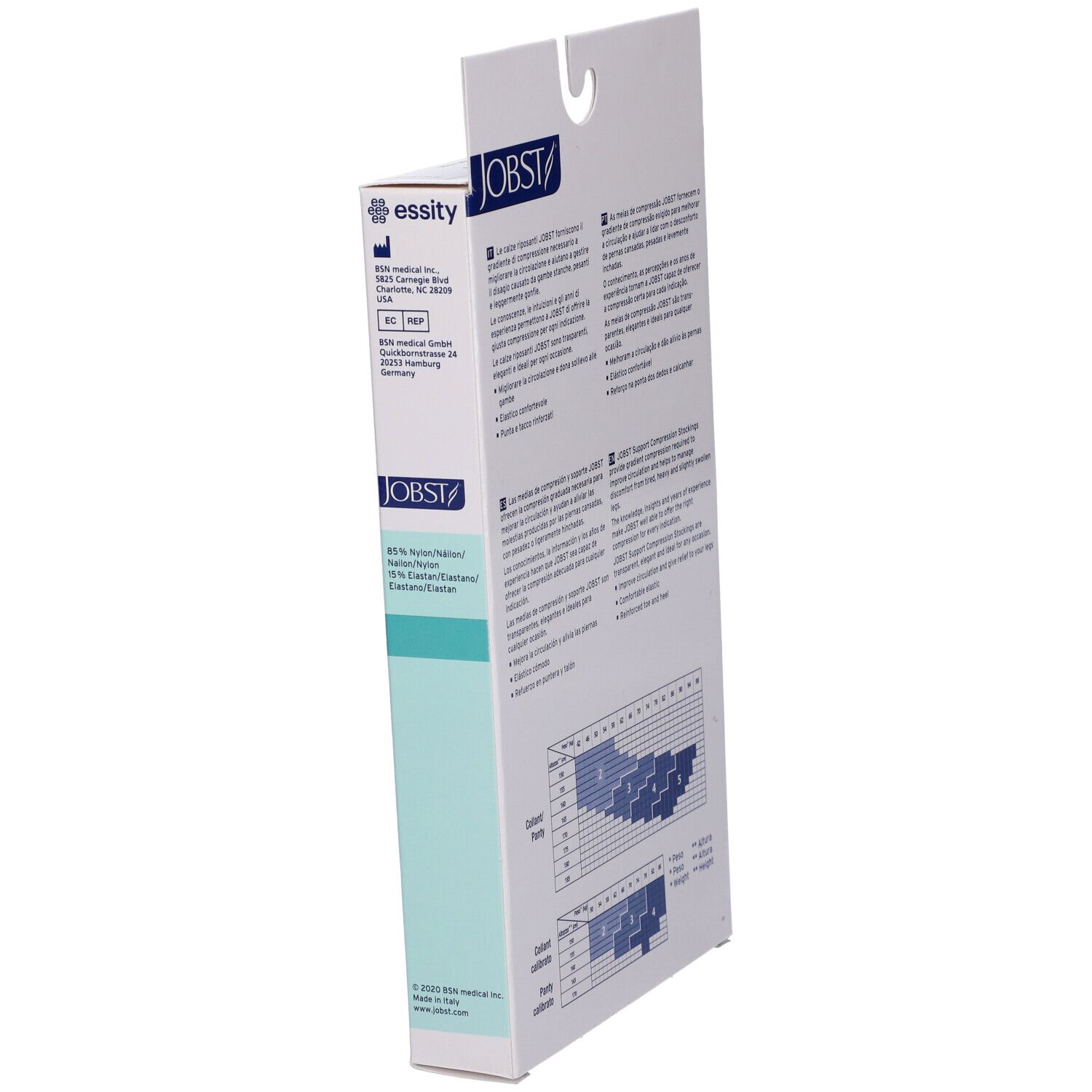 Jobst Collant Velato 70Den Sable Misura 3. Confezione, vista laterale. Testo: Jobst, informazioni, tabella taglie.