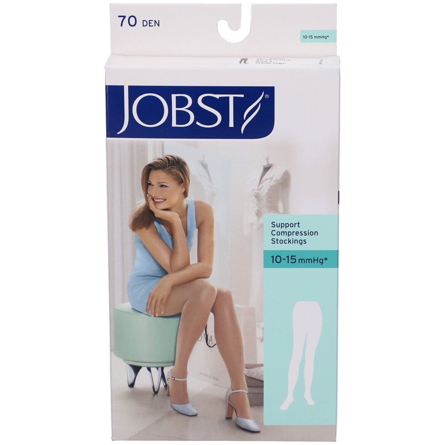 Jobst Collant Velato 70Den Sable Misura 3. Confezione con collant, donna seduta. Testo: Jobst, 70 Den, 10-15 mmHg.