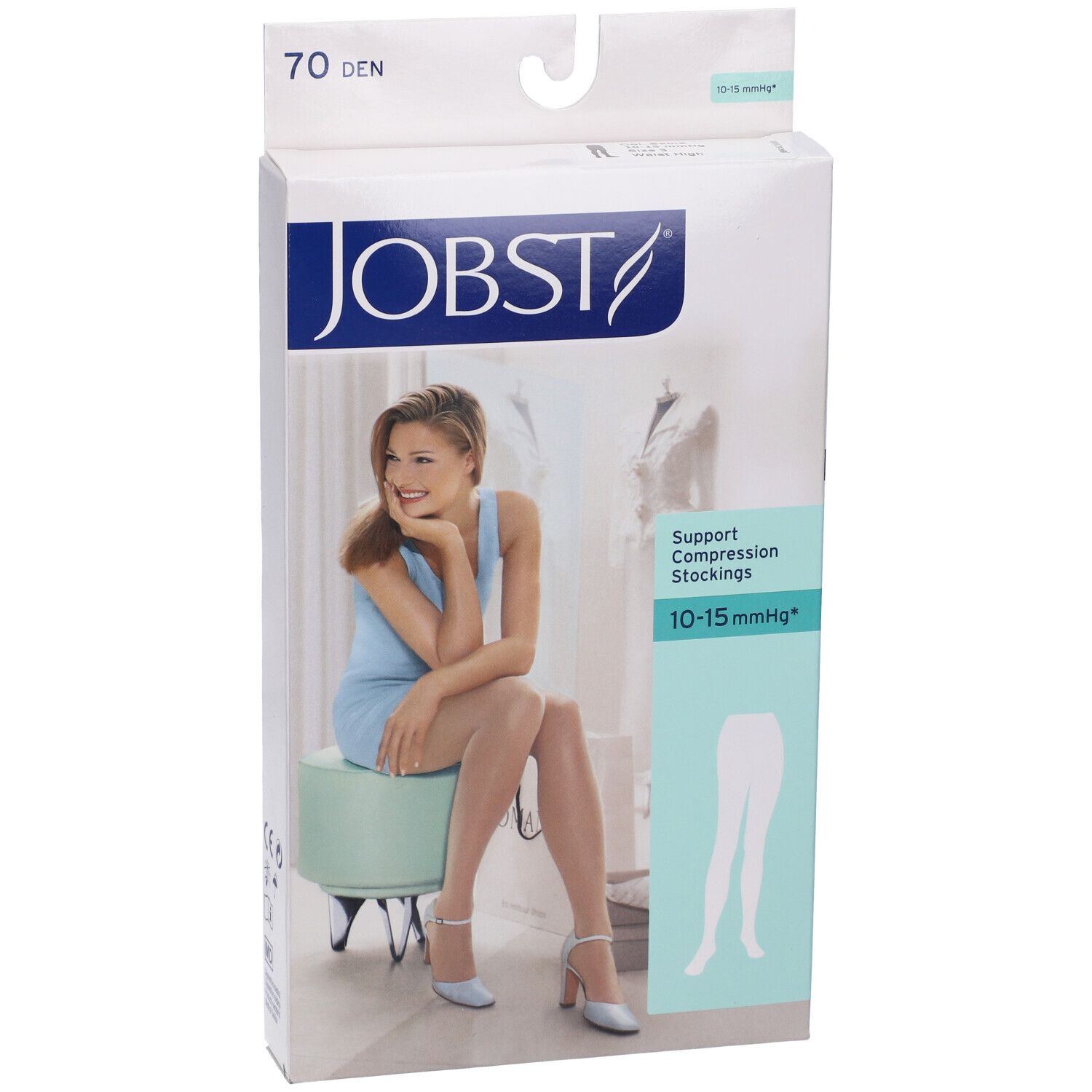Jobst Collant Velato 70Den Sable Misura 3. Confezione con collant, donna seduta. Testo: Jobst, 70 Den, 10-15 mmHg.