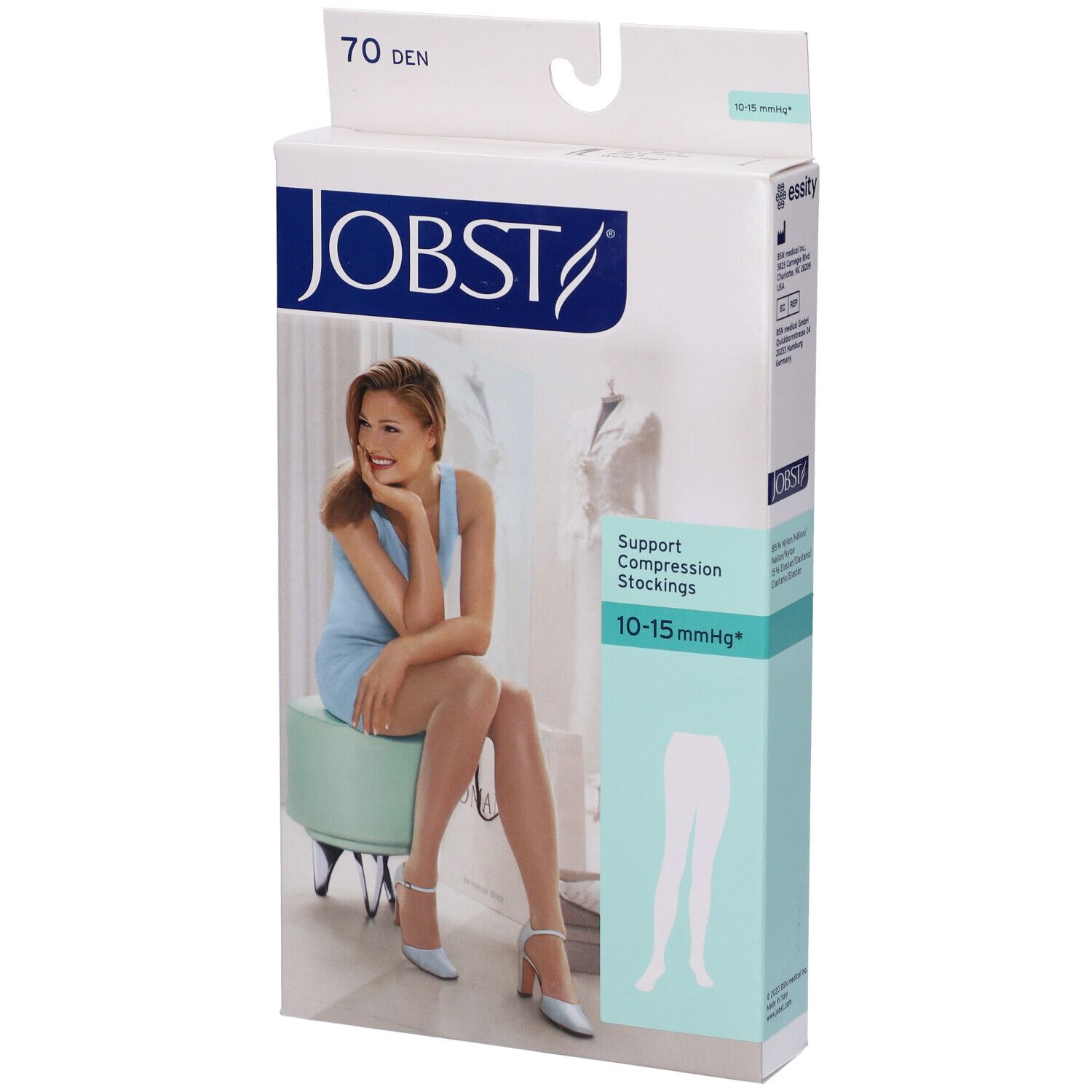 JOBST Collant Velato 70Den Sable Misura 5. Confezione con donna. Calze a compressione 10-15 mmHg. Illustrazione collant bianco.