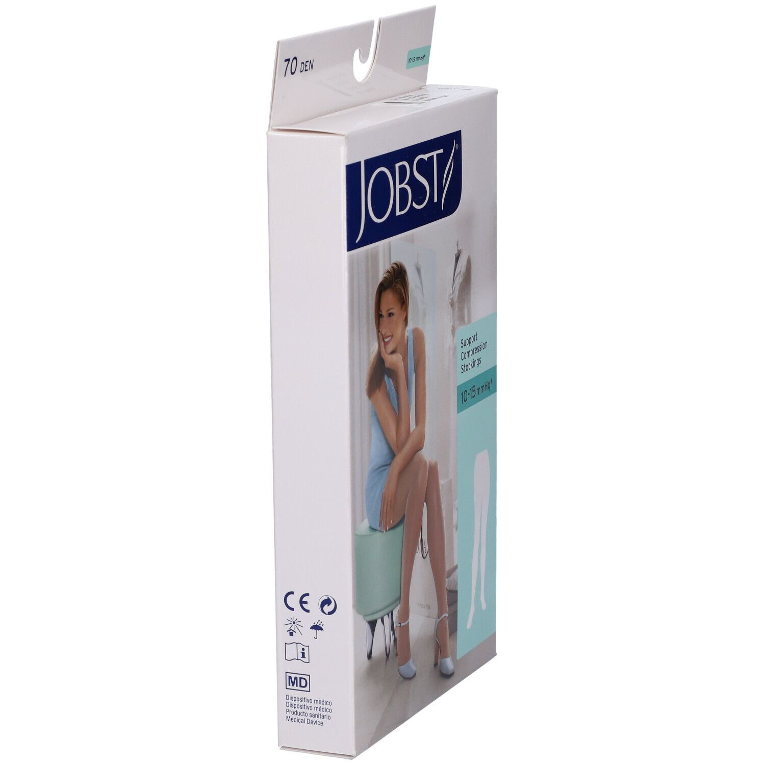 JOBST Collant Velato 70Den Sable Misura 5. Confezione, vista laterale. Calze a compressione. Donna seduta. Marchio CE.