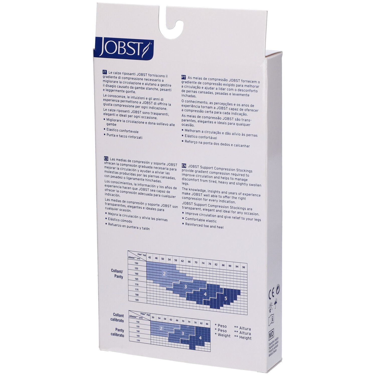 JOBST Collant Velato 70Den Sable Misura 5. Confezione, retro. Informazioni sulle calze a compressione. Tabella taglie.