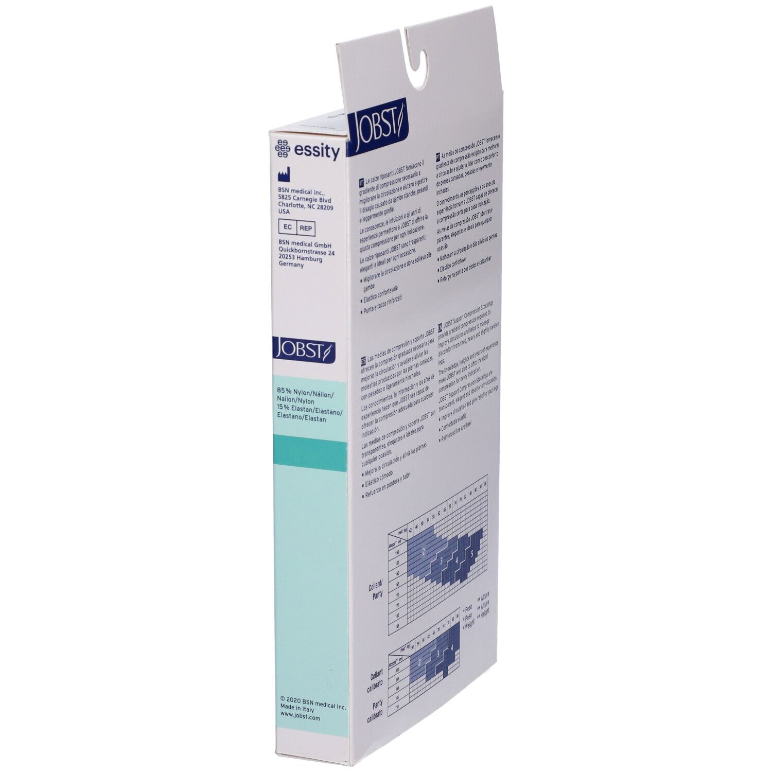 JOBST Collant Velato 70Den Sable Misura 5. Confezione, vista laterale. Informazioni, tabella taglie. Indirizzo produttore.