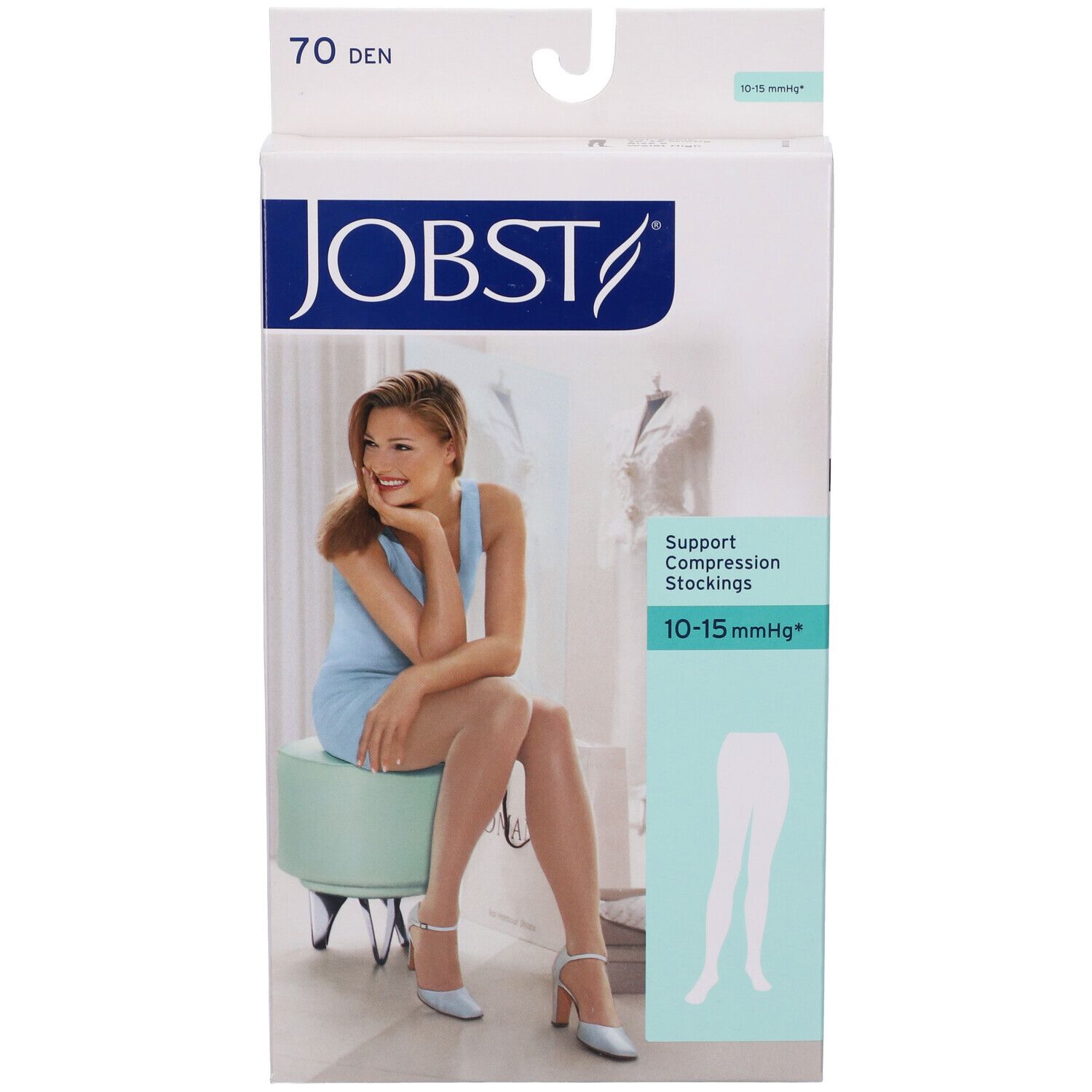 JOBST Collant Velato 70Den Sable Misura 5. Confezione con donna. Calze a compressione 10-15 mmHg. Illustrazione collant bianco.