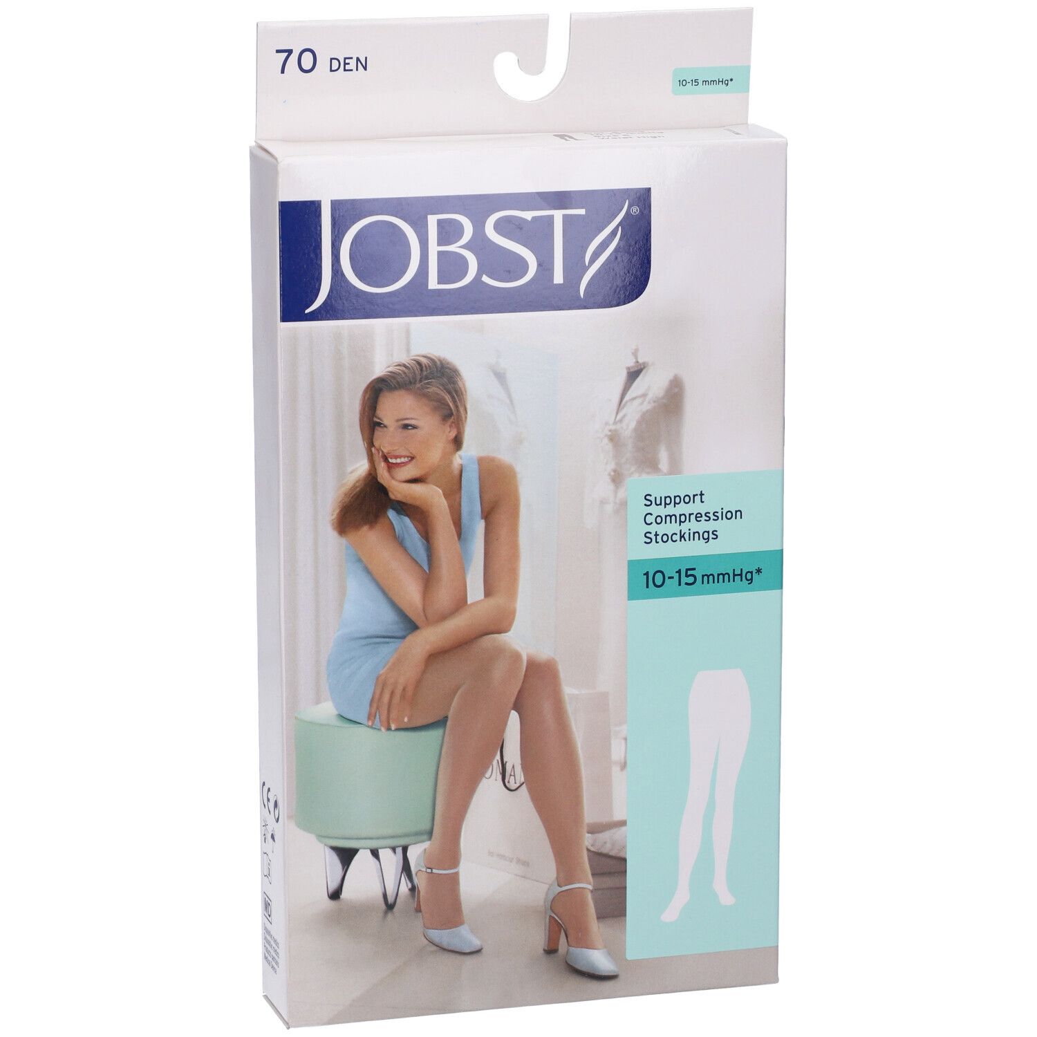 JOBST Collant Velato 70Den Sable Misura 5. Confezione con donna. Calze a compressione 10-15 mmHg. Illustrazione collant bianco.