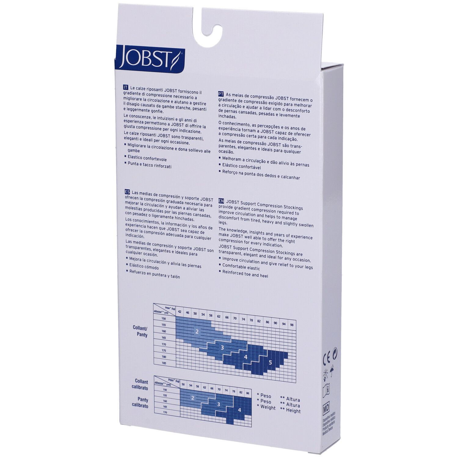 Retro della confezione JOBST Collant Velato 70Den. Testo multilingue, tabella taglie.