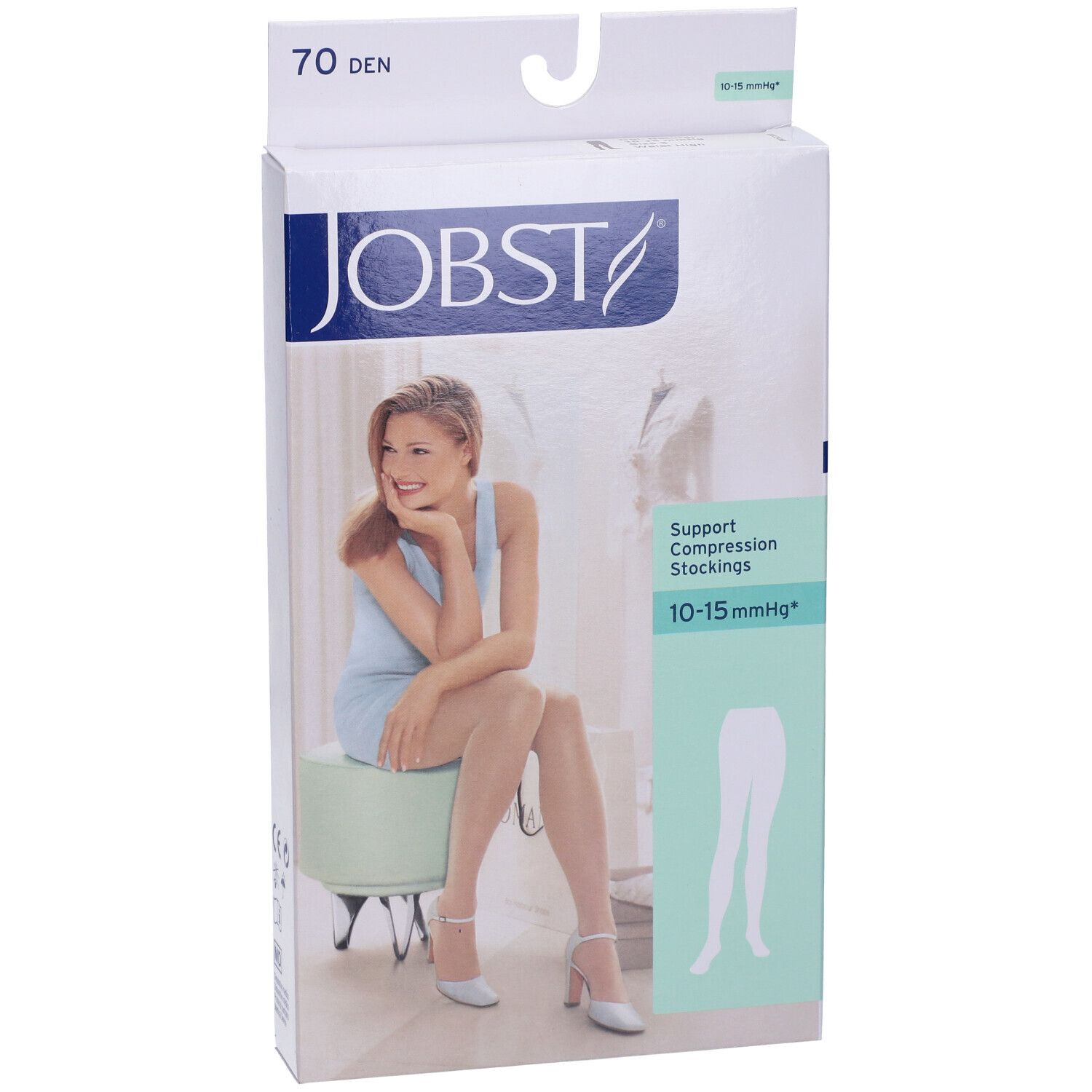 Confezione JOBST Collant Velato 70Den. Donna seduta, calze visibili. Scritte: 70 DEN, 10-15 mmHg.