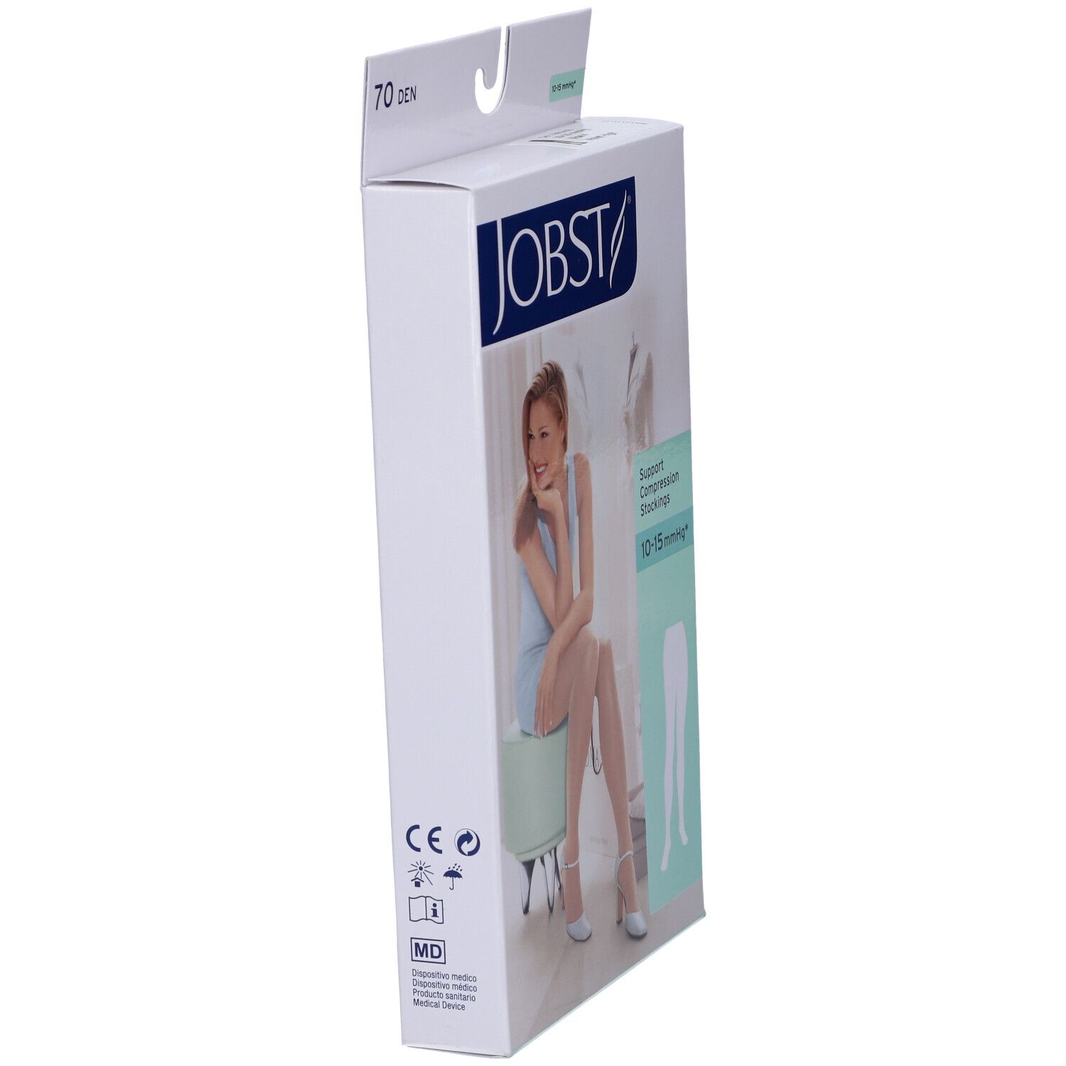 Lato confezione JOBST. Calze a compressione. Logo, testo, marchio CE.