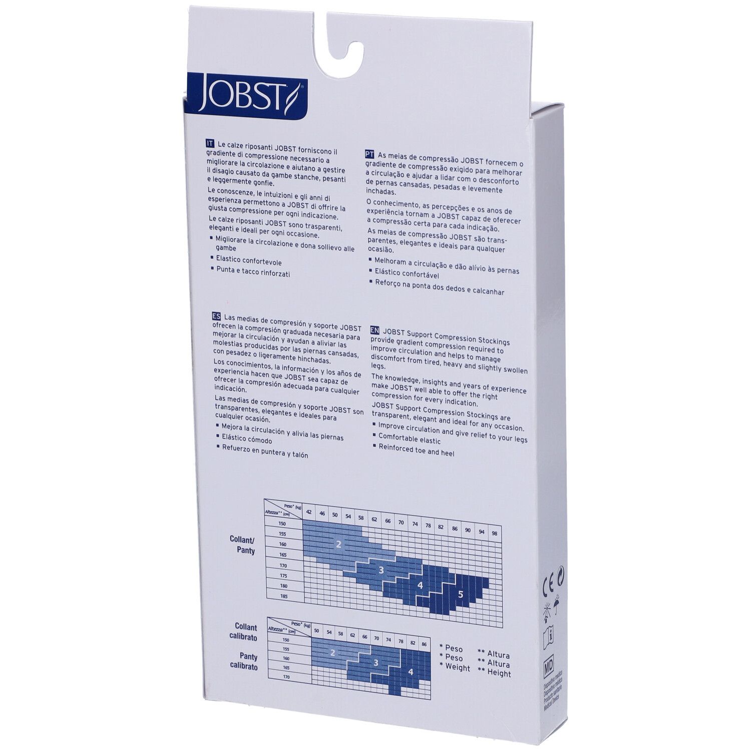 Retro confezione JOBST. Testo multilingue. Tabella taglie calze a compressione.