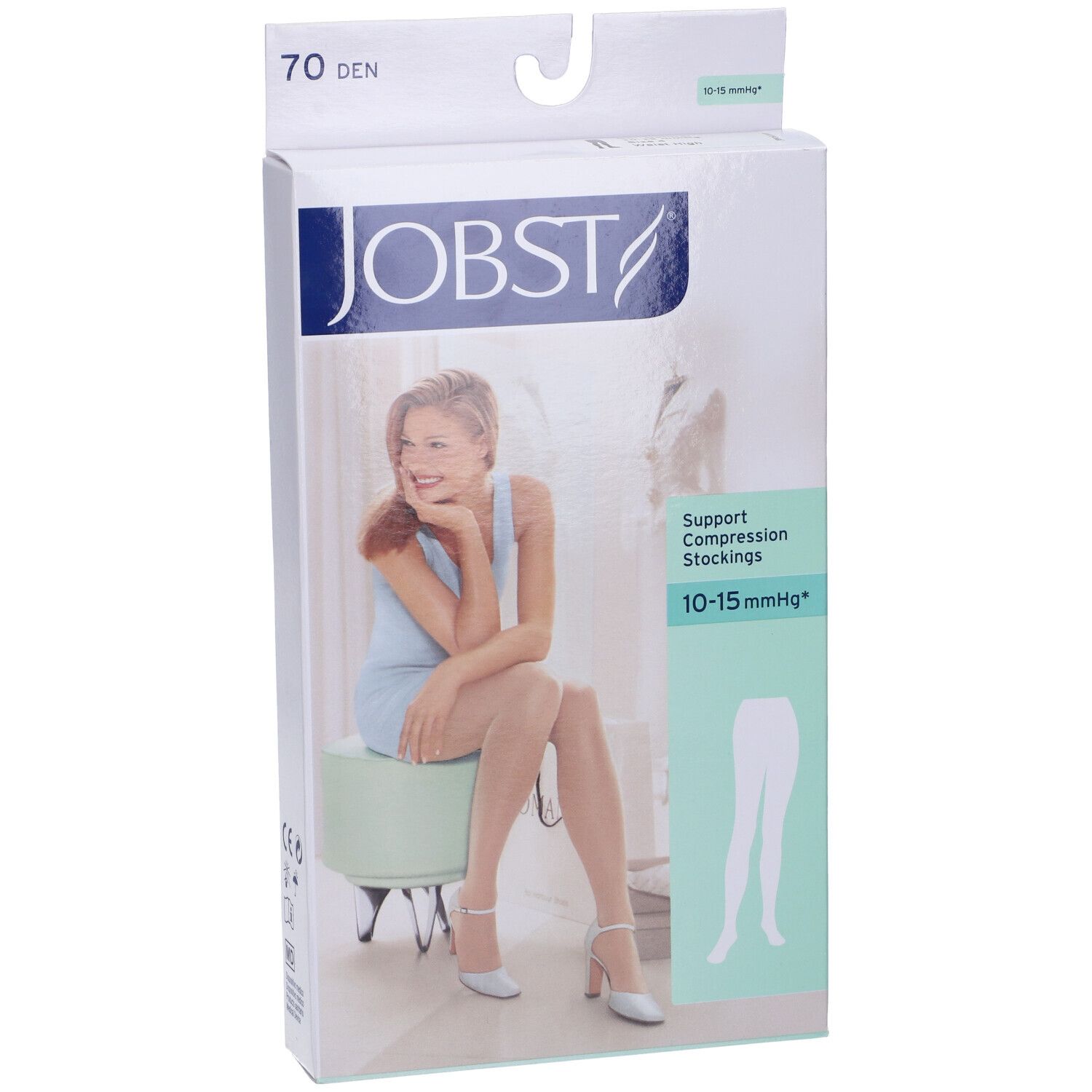 Confezione JOBST con immagine prodotto. Scritta: 70 DEN, calze a compressione, 10-15 mmHg.