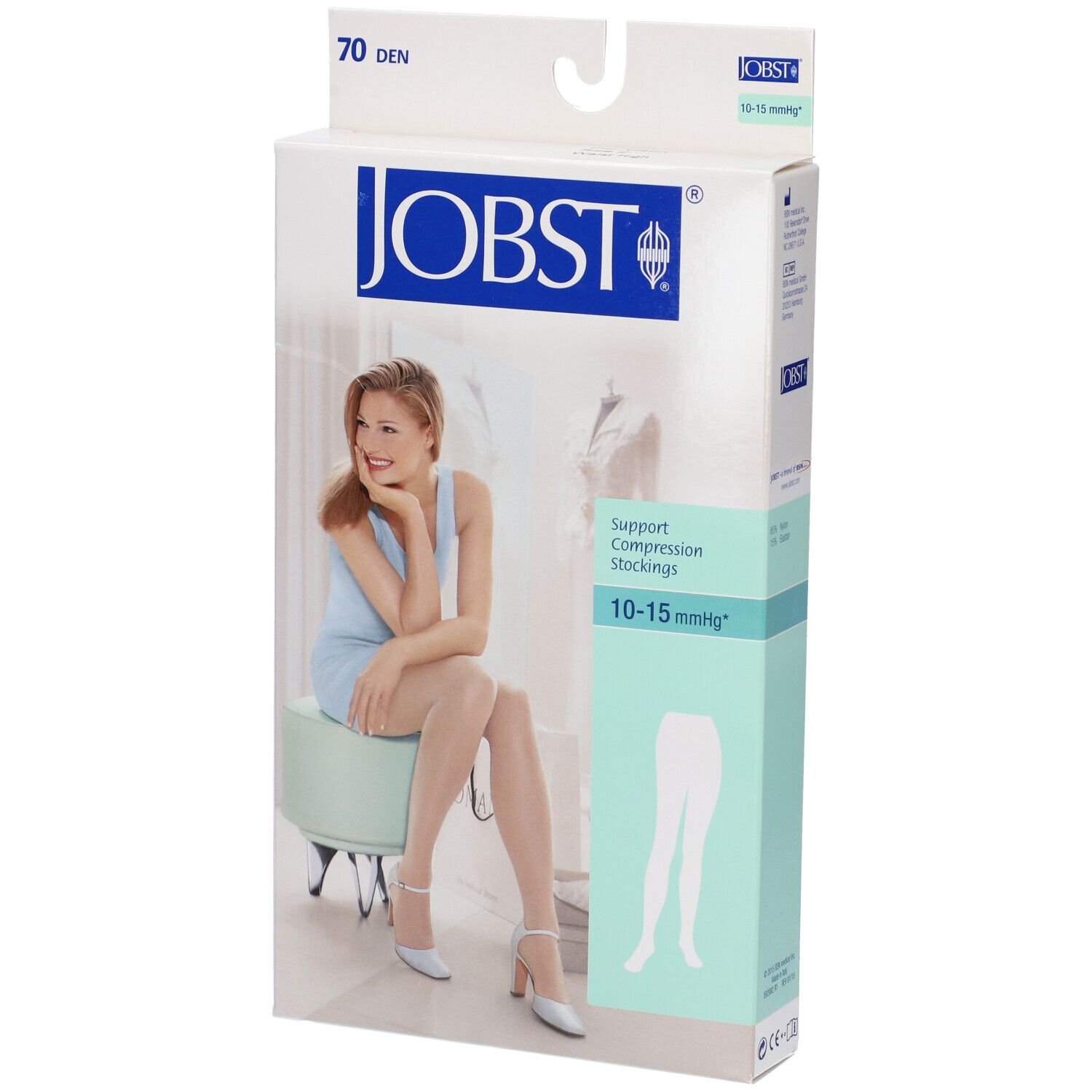 Confezione di calze a compressione JOBST. Scritta: 70 den, 10-15 mmHg. Donna seduta su sgabello, indossa calze.