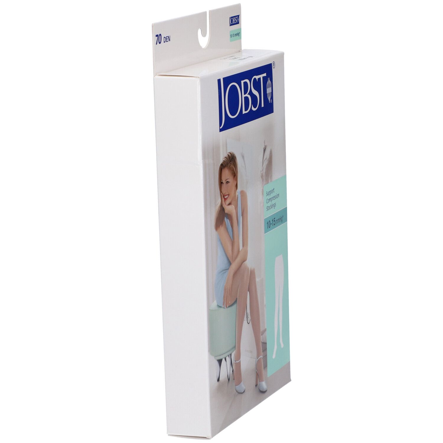 Vista laterale della confezione JOBST. Scritta: 70 den, calze a compressione. Donna sulla confezione indossa calze.