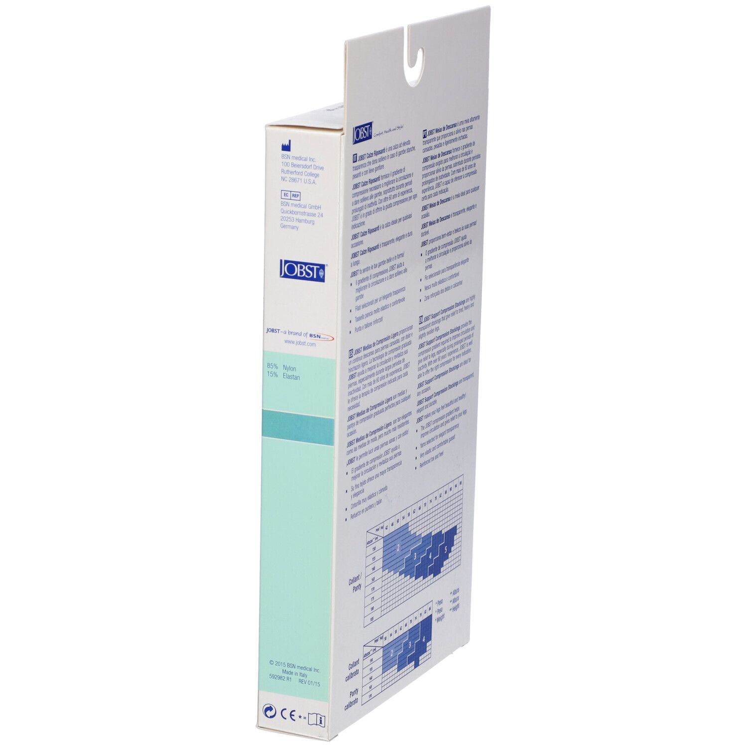 Vista laterale della confezione JOBST. Testo multilingue. Tabella taglie calze. Logo JOBST.