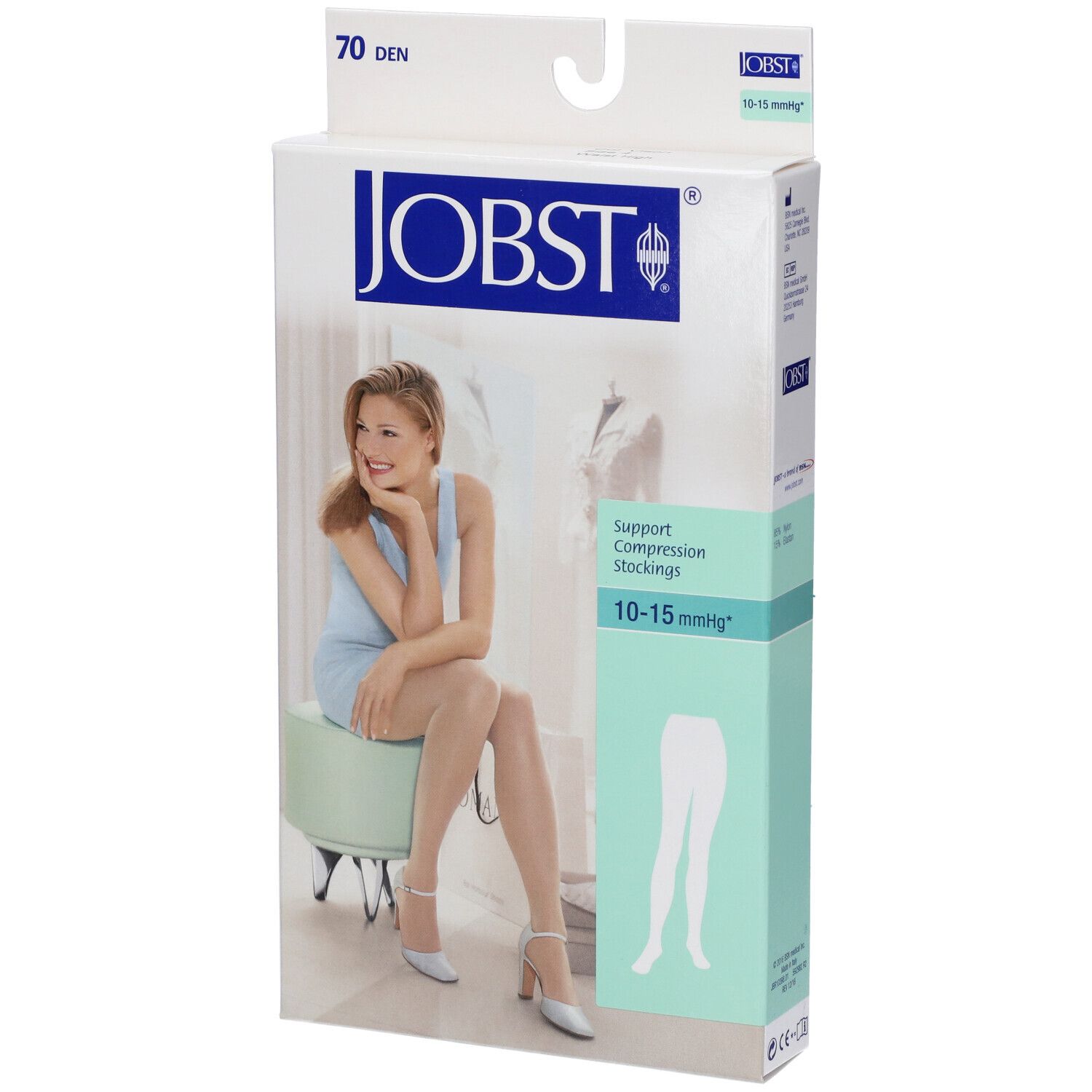 JOBST Collant Velato 70 Den, Vison, in confezione. Donna seduta. Scritta: 10-15 mmHg, calze a compressione.